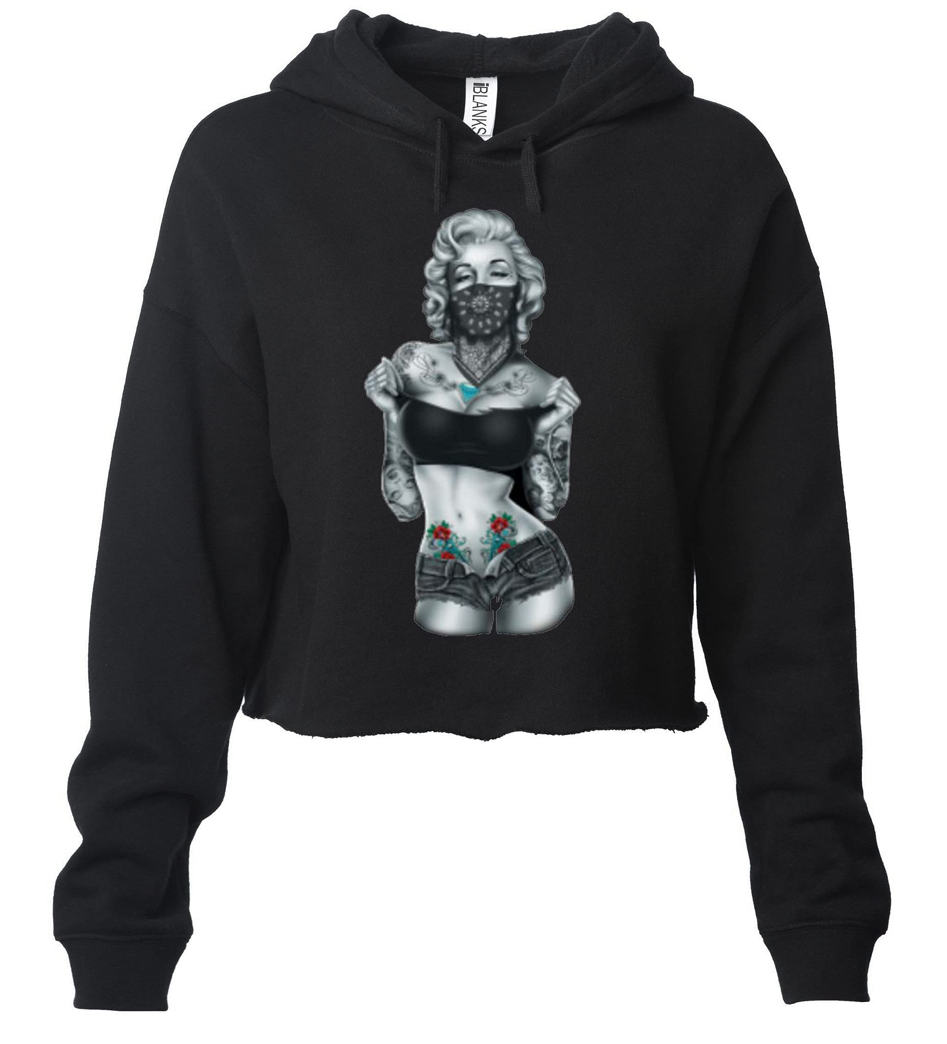 Junior's Marilyn Monroe Bandana Print Black Cropped Fleece Hoodie - Vintage Style Pullover for Women & Teens - Perfect for Casual Wear, Concerts & Retro Outfits