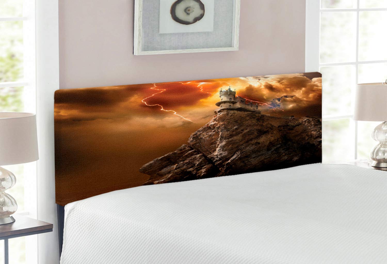 Ambesonne Fantasy Headboard - Upholstered Decorative Metal Bed Frame with Memory Foam, Full Size, Orange Brown - Gothic Castle Cliff Thunder Supernatural Fiction Print - Perfect for Bedroom Decor, Gothic Theme Rooms & Fantasy Lovers