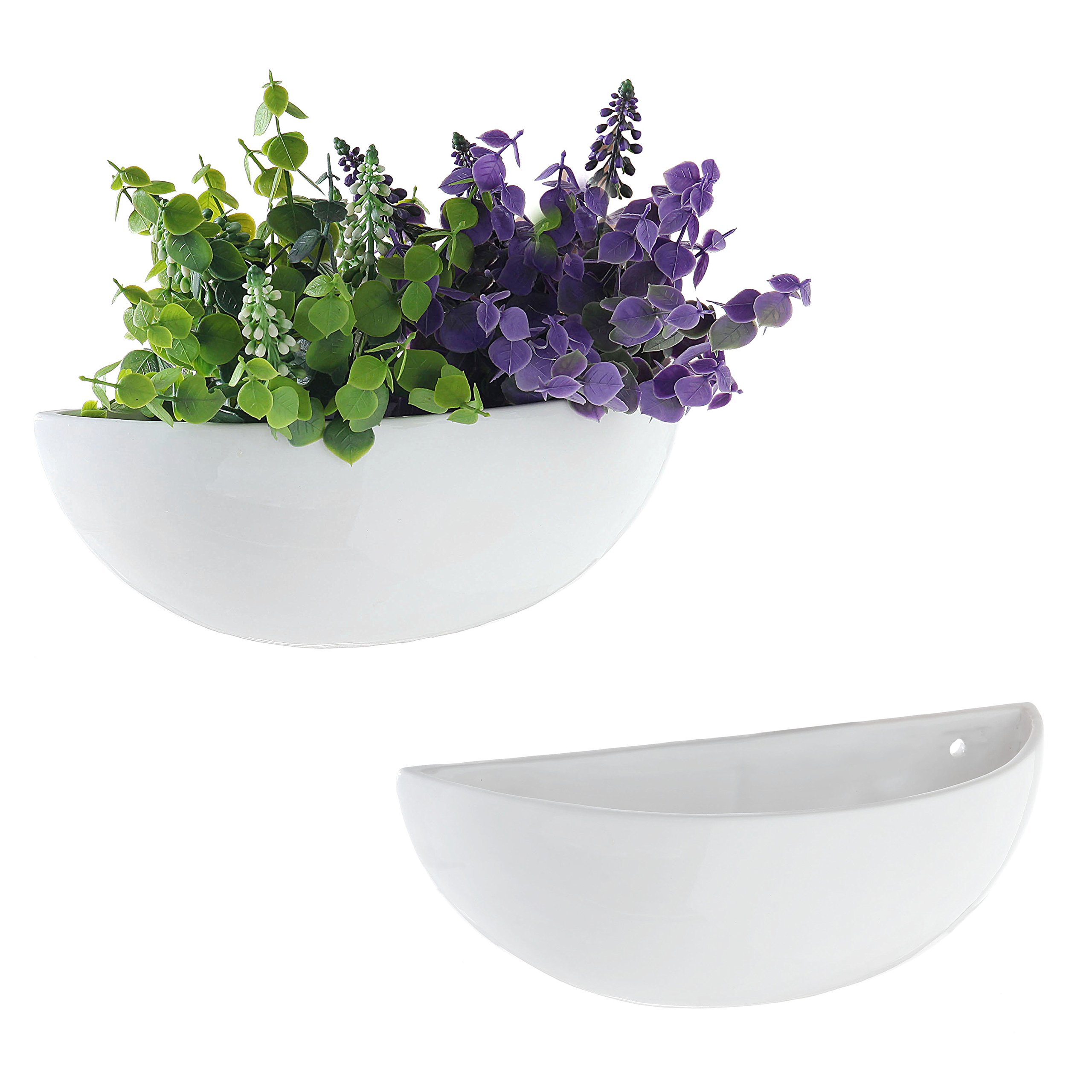 MyGift Set of 2 White Ceramic Hanging Wall Planters - Indoor Succulent & Herb Planters with Half Bowl Design | Perfect for Kitchen, Bathroom Decor & Small Space Gardening
