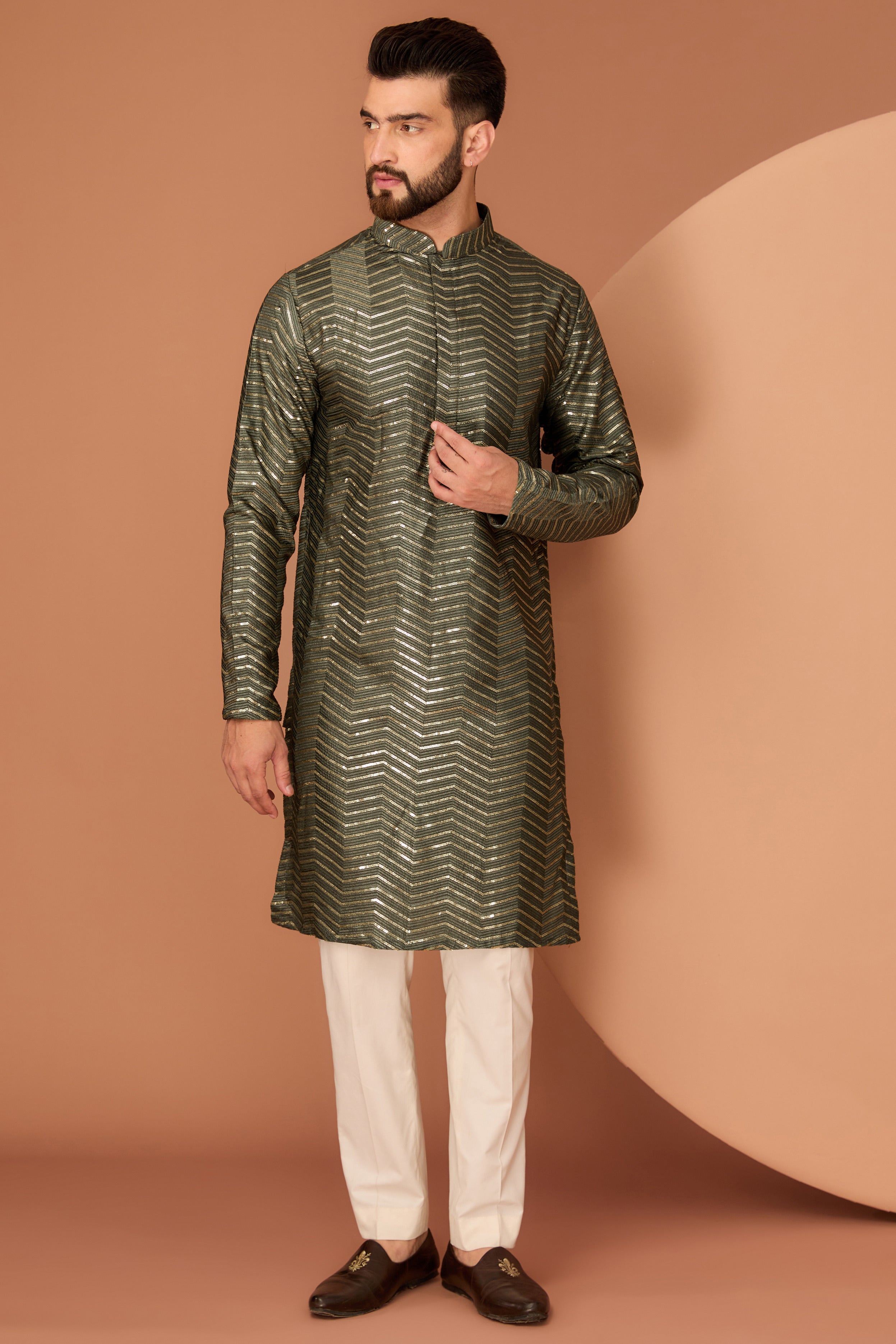 Stylish Military Green Embroidered Kurta with Intricate Sequin Detailing for Men | Perfect for Festivals, Weddings & Casual Wear
