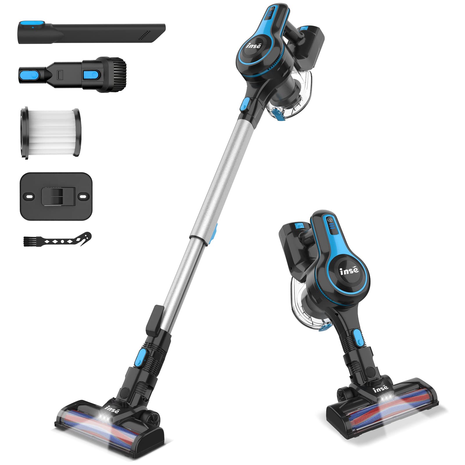 INSE Cordless Vacuum Cleaner - 6-in-1 Rechargeable Stick Vacuum with 2200mAh Battery, Powerful Lightweight for Hard Floors & Carpets | 45 Min Runtime | Pet Hair Cleaning | Ideal for Home, Office & Car Use (N5S Blue)