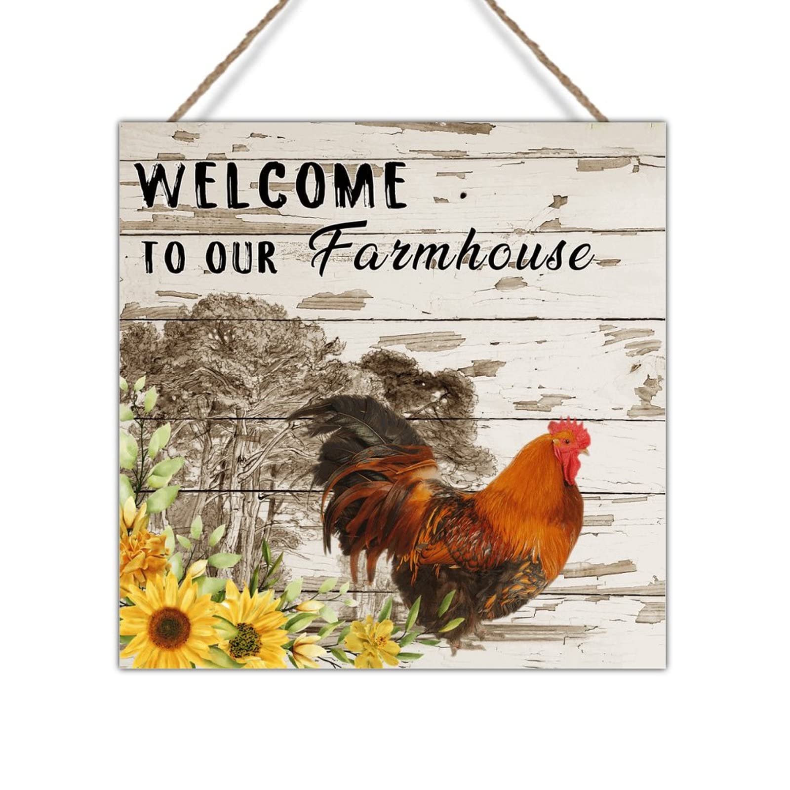 Distressed Wood Welcome Sign - Rustic Farmhouse Decor for Chicken Coop, Home, Office & School - 12x12 Inch Farmhouse Plaque with Rooster Design - Perfect for Country Kitchen, Porch, or Barn Wall Decor