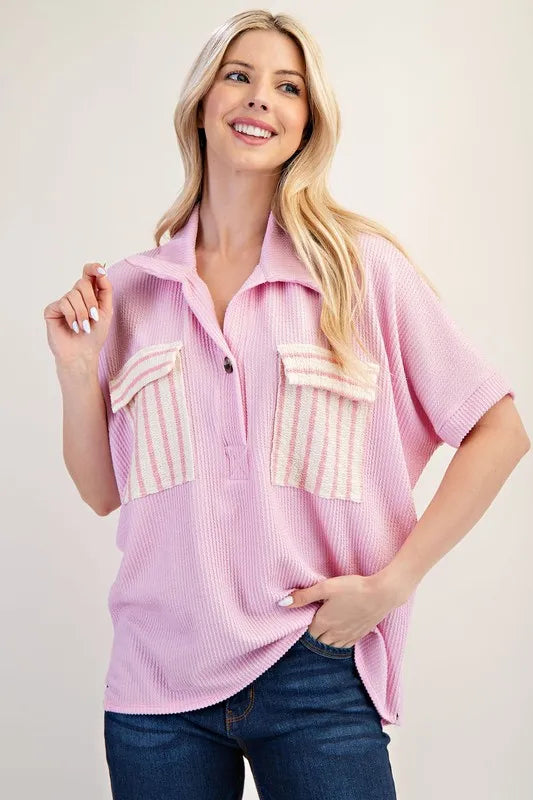 Celeste Plus Size Full Length Rib Knit Collared Shirt with Striped Pockets - Women's Casual Office Wear & Everyday Comfort
