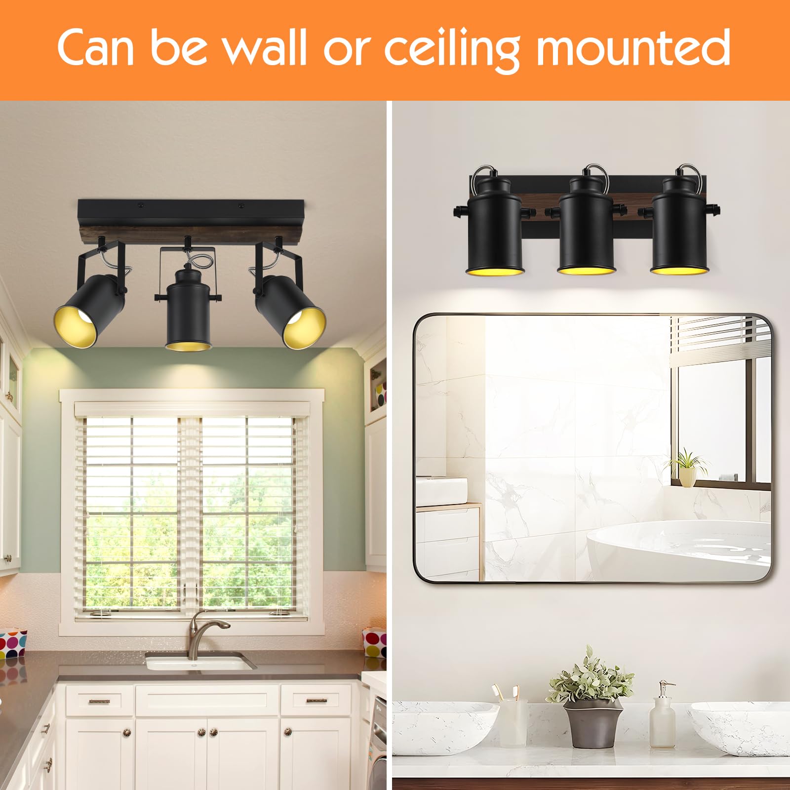 SEEBLEN Farmhouse 3-Light Adjustable Track Lighting for Kitchen, Dining Room, Living Room | Wall/Ceiling Mounted with Swivel Heads | Perfect for Kitchen Islands, Closets, and Sink Areas | Rustic Industrial Home Decor Lighting