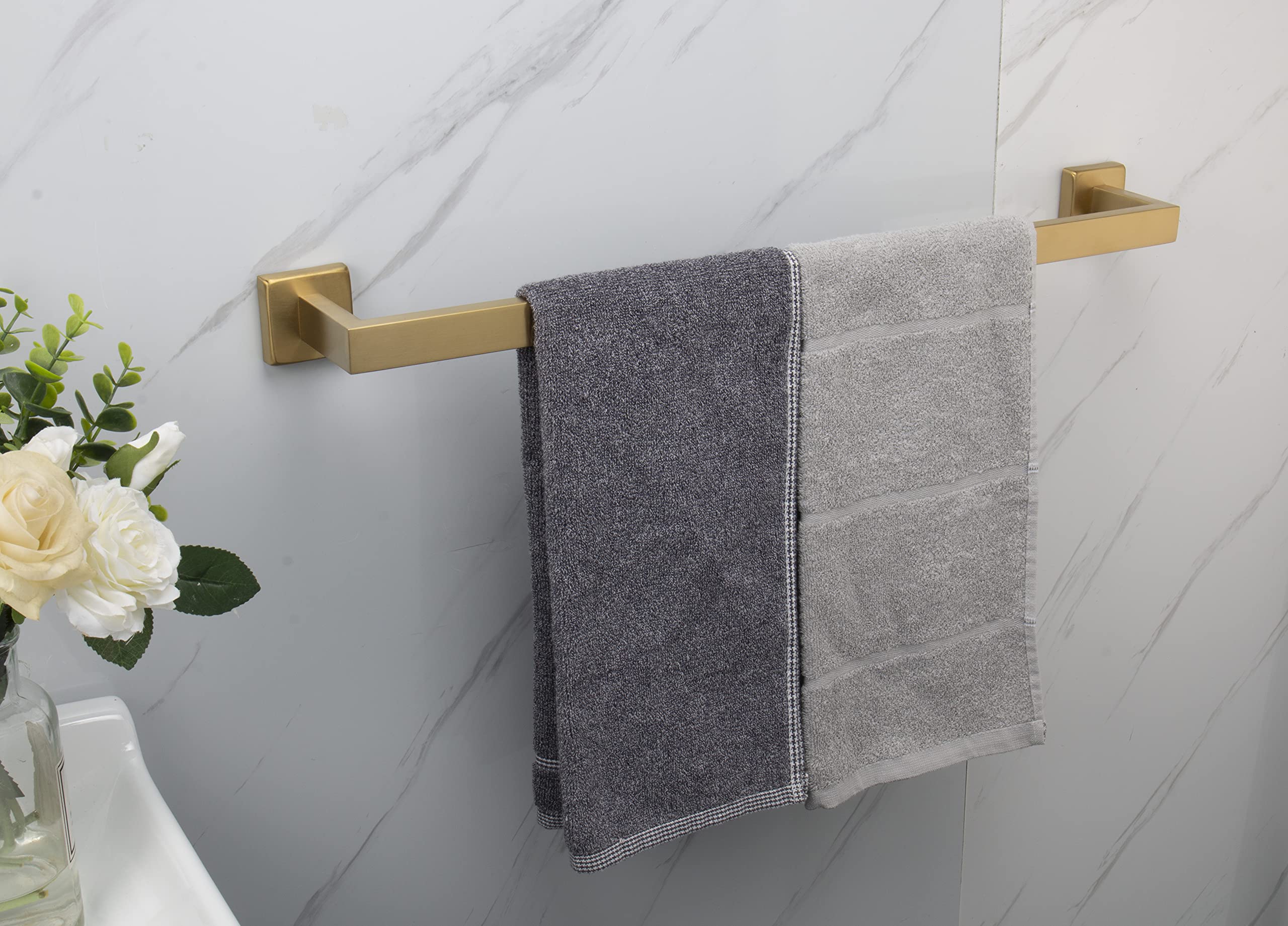 TocTen Heavy Duty Stainless Steel Towel Rack - 24 Inch Brushed Gold Wall Mounted Bathroom Towel Holder with Square Base, SUS304 Thickened Towel Bar for Shower & Spa (Perfect for Modern Bathrooms, Hotels & Luxury Home Decor)