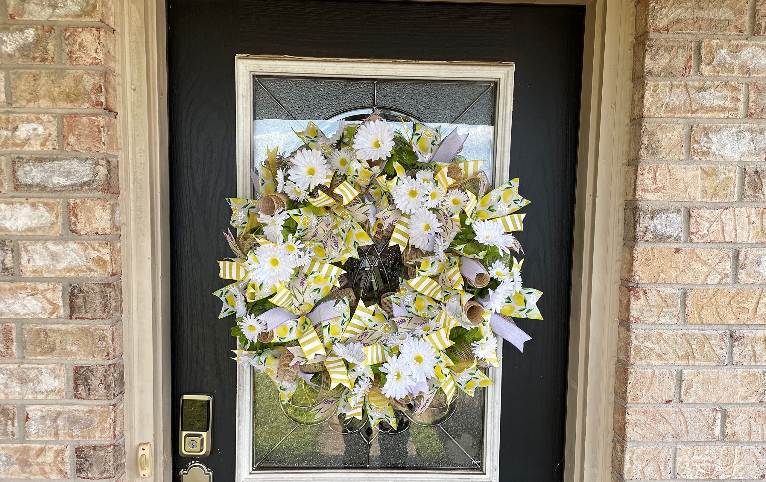 XL Lavender Lemon & Daisy Spring Summer Mesh Wreath - Handmade Front Door Porch Decor, Unique Home Gift for Women - Perfect for Easter, Mother's Day & Housewarming Parties