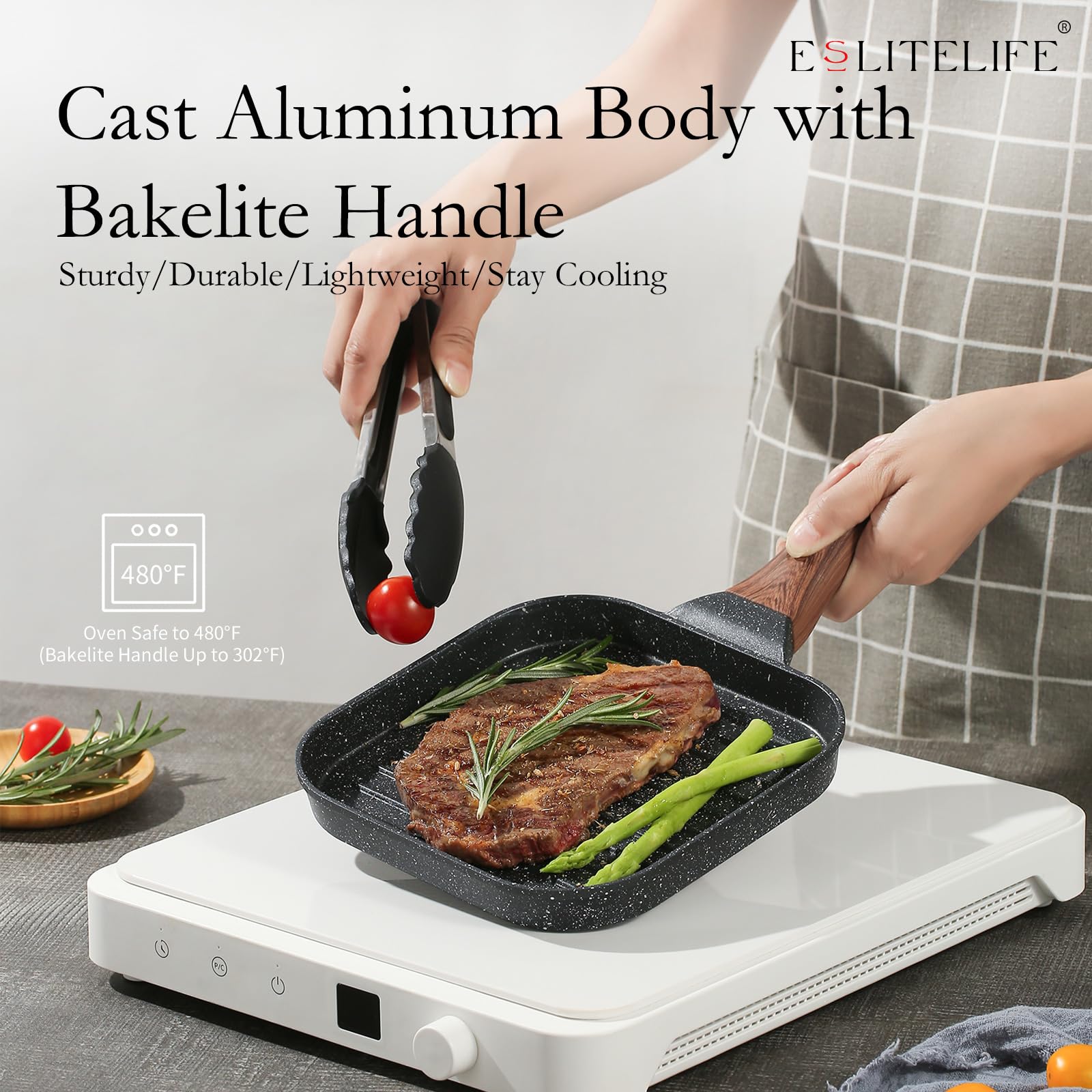 ESLITE LIFE 7 Inch Nonstick Square Grill Pan - PFOA Free Indoor Skillet for Steak, Burgers & Vegetables | Induction Compatible Stovetop Cooking | Perfect for Small Kitchens, Camping & RV Use