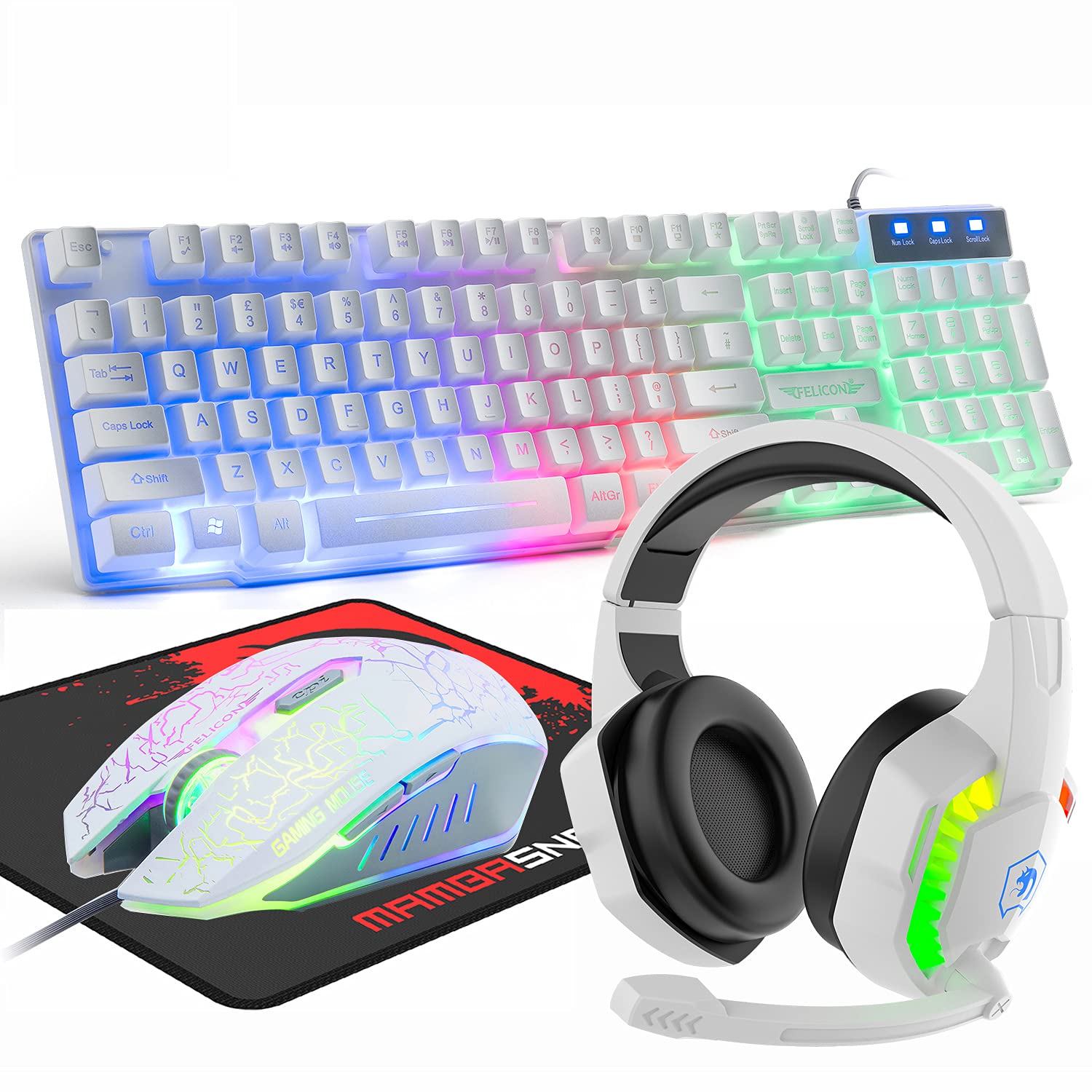 RGB Backlit Wired Gaming Keyboard Mouse and Headset Combo with Mouse Pad - Mechanical Keyboard, Noise-Canceling Headphones, Ergonomic Mouse for PC, Laptop, Mac, PS4, Xbox (White) - Perfect for Gaming, Streaming & Office Work
