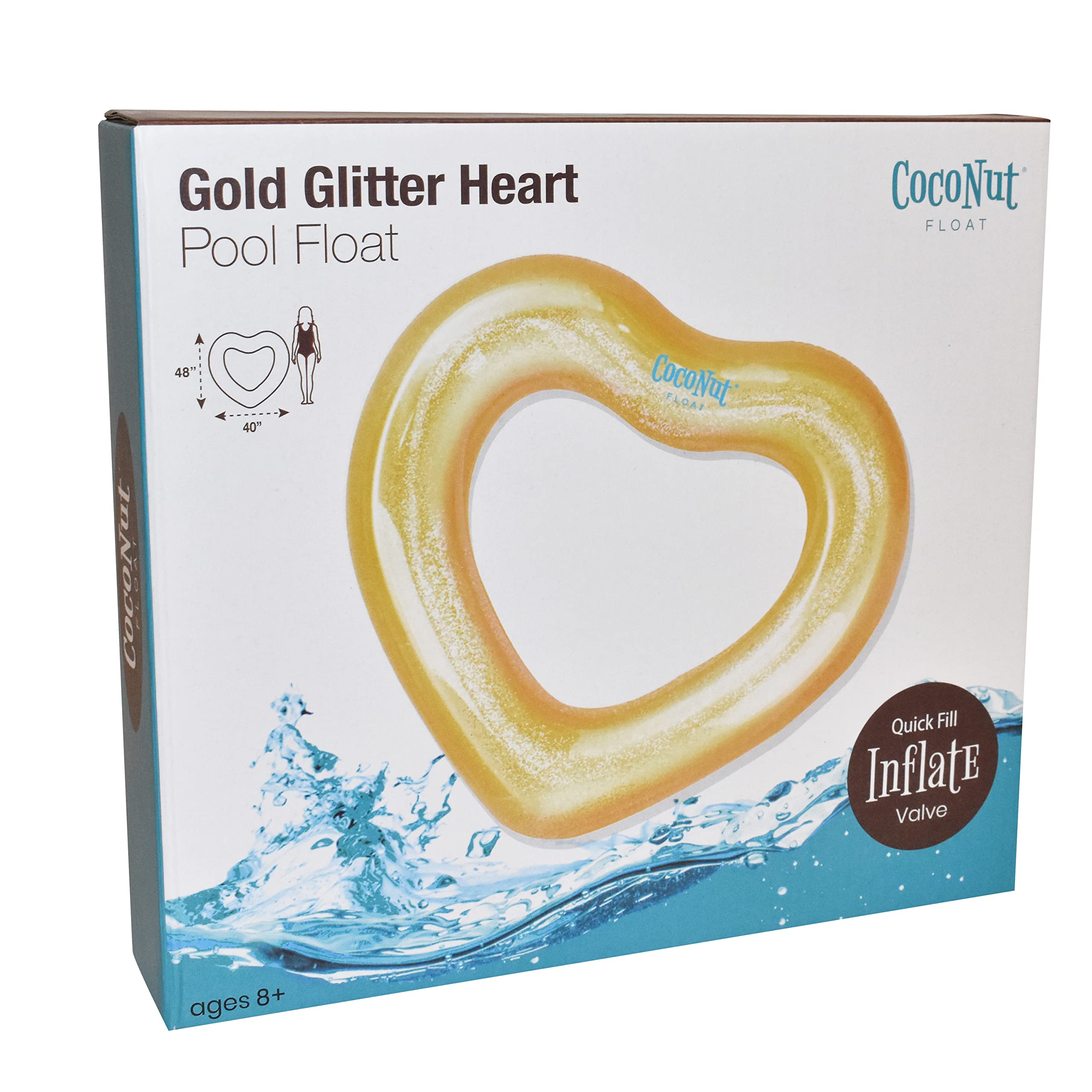 CocoNut Float Glitter Heart Pool Floats – Inflatable Pool Rings for Adults & Kids – Durable Lounge Tubes, Summer Water Toys – Fun Party Decorations for Birthdays, Beach Parties, Poolside Relaxation – Ages 8+ Years