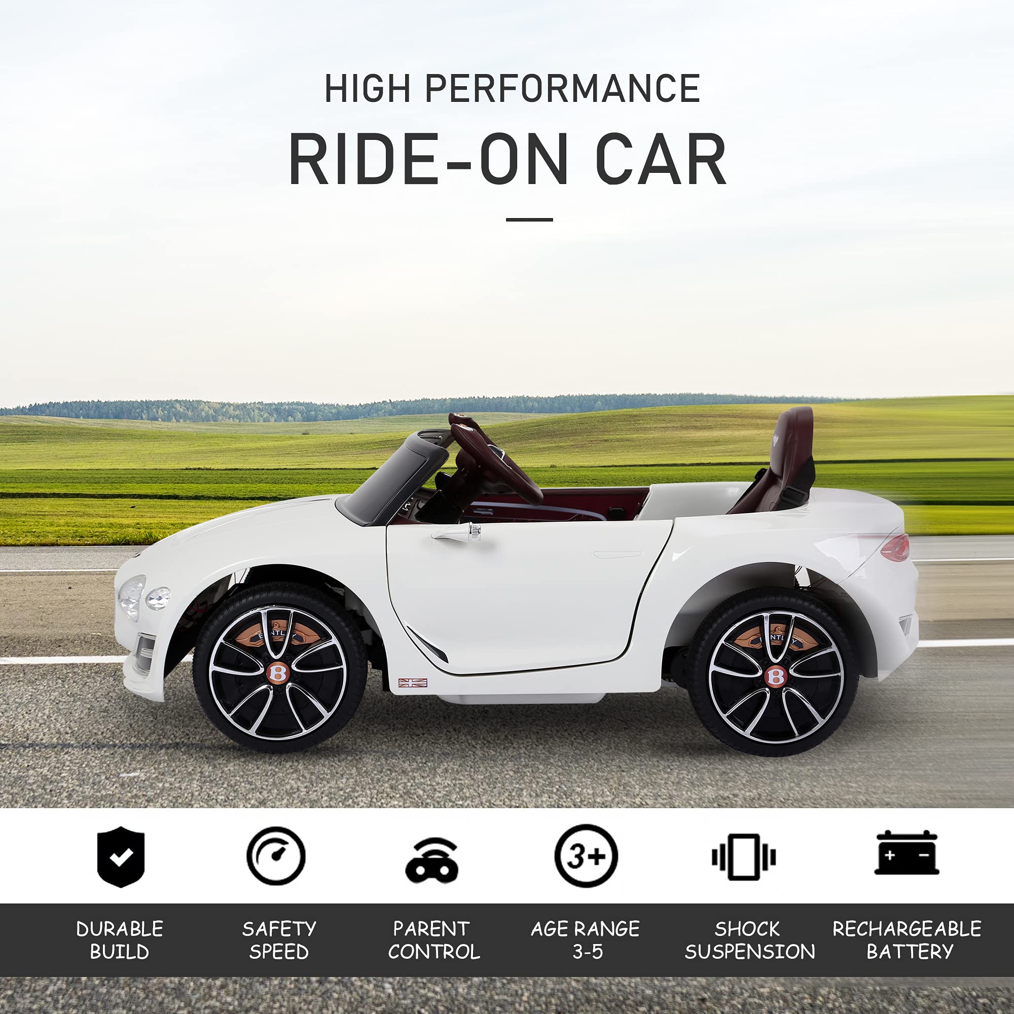 Bentley EXP12 Kids Electric Ride-On Car with Parent Remote Control - 12V Battery Powered, Butterfly Doors, MP3 Player, LED Lights & Realistic Sounds - Perfect for Birthday Gifts & Outdoor Play (White)