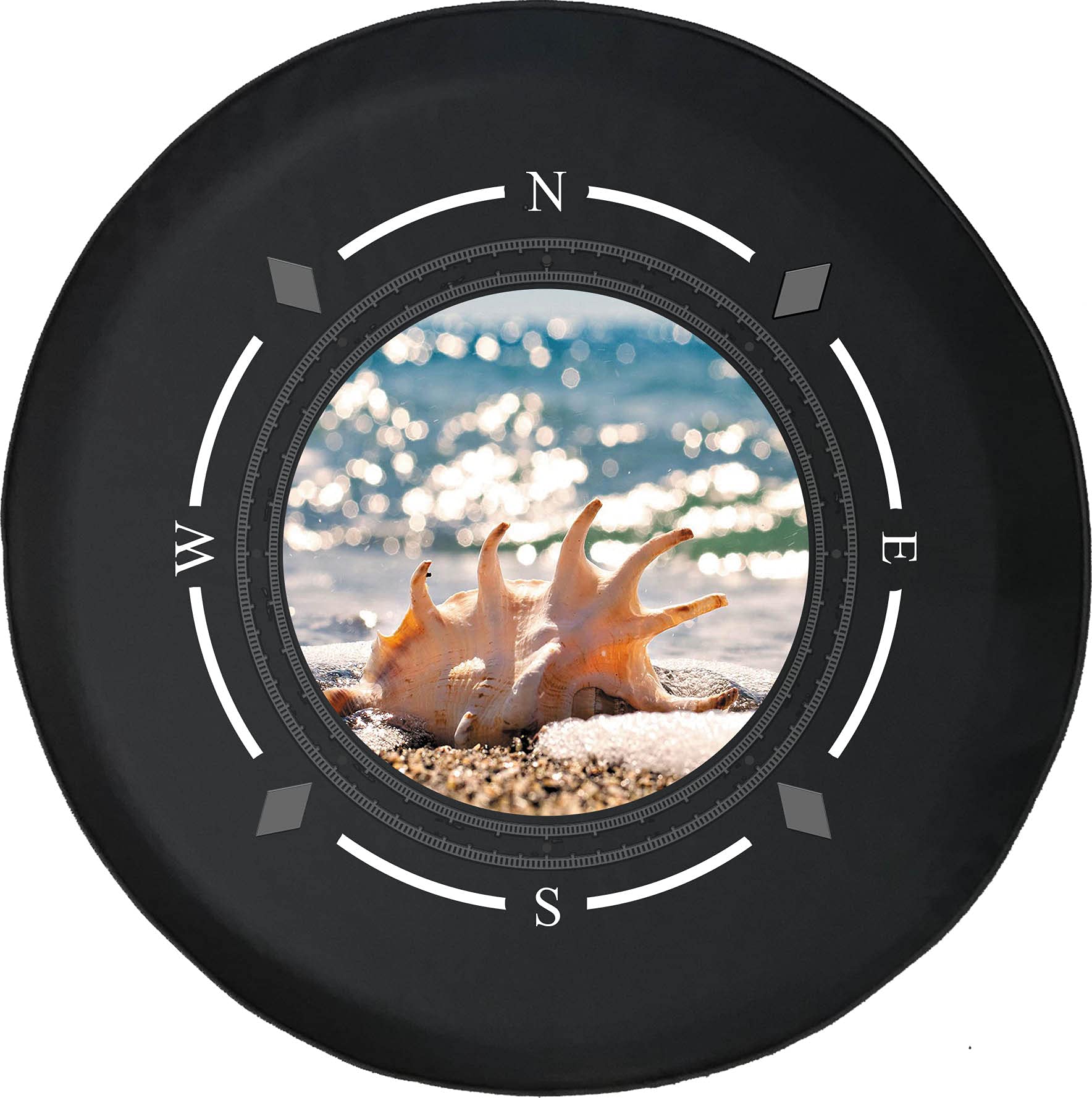 American Unlimited Spare Tire Cover with Compass & Tropical Beach Shell Design - Universal Fit for SUV, Trailer, RV & Most Vehicles - Perfect for Road Trips, Camping & Beach Adventures
