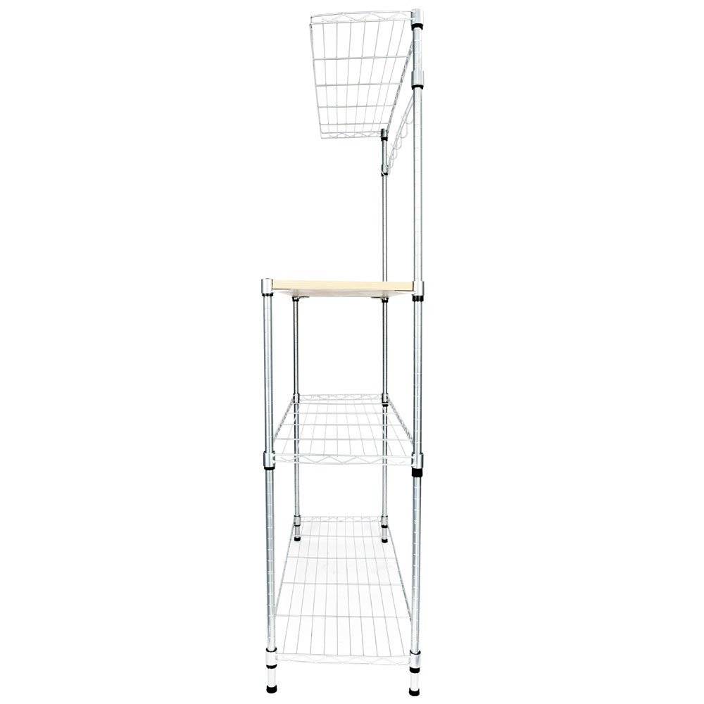 4-Tier Stainless Steel Baker's Rack with MDF Shelves & 6 Wave Rods - Space-Saving Microwave Stand for Kitchen, Pantry Organization - Silver Powder Coated Storage Shelf for Small Appliances & Cooking Essentials