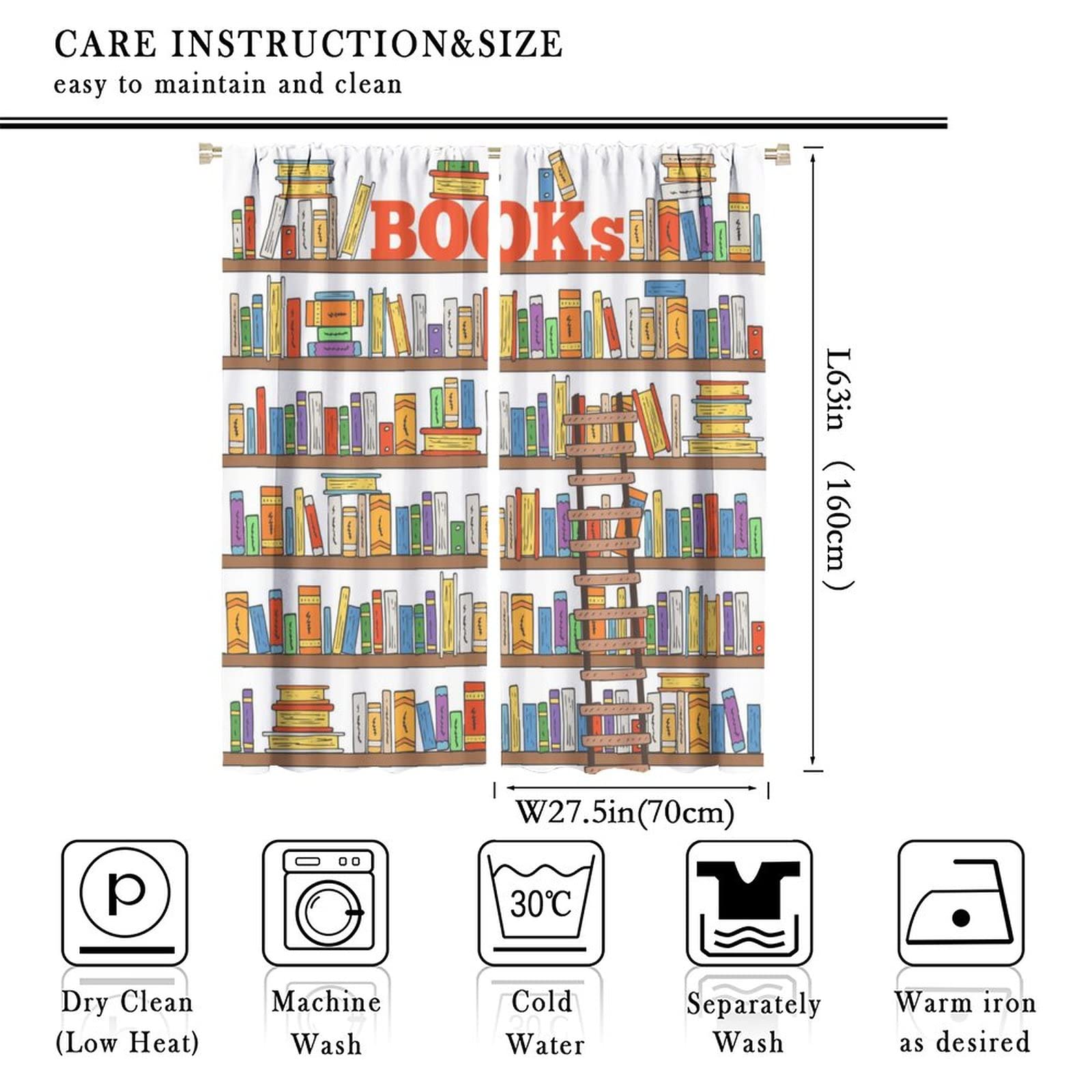 Modern Bookshelf Blackout Curtains for Kids Room - Cartoon Library Ladder Design Jacquard Window Drapes (55x63 inches) - Perfect for Nursery, Bedroom & Basement Decoration