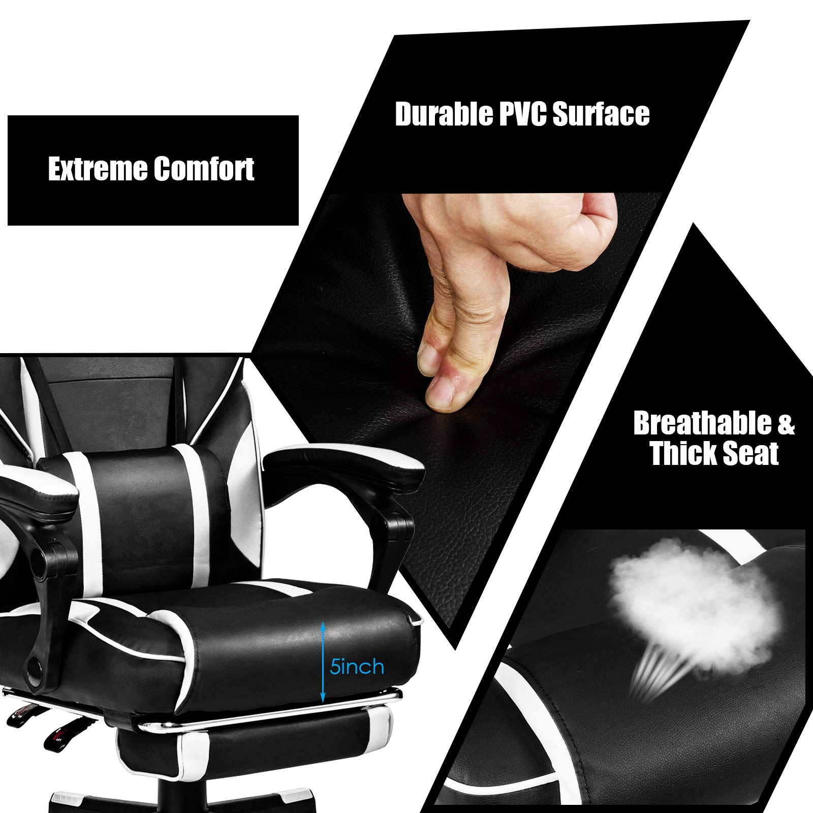 Premium POWERSTONE Gaming Chair - Adjustable High Back Ergonomic Computer Chair with Footrest, Lumbar Support & Massage Headrest | Thick Padded Armrests, 360° Swivel & Rolling Wheels | White Office/Home Gaming Desk Chair for PC & Console Gamers