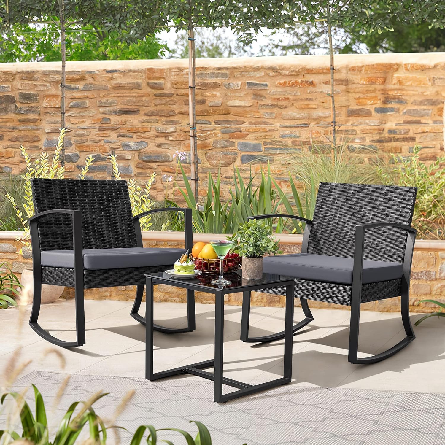 Homall 3-Piece Outdoor Patio Furniture Set - Resin Bistro Table & Rocking Chairs with Cushions for Porch, Poolside, Balcony, Yard (Grey) - Perfect for Relaxing, Entertaining & Outdoor Dining