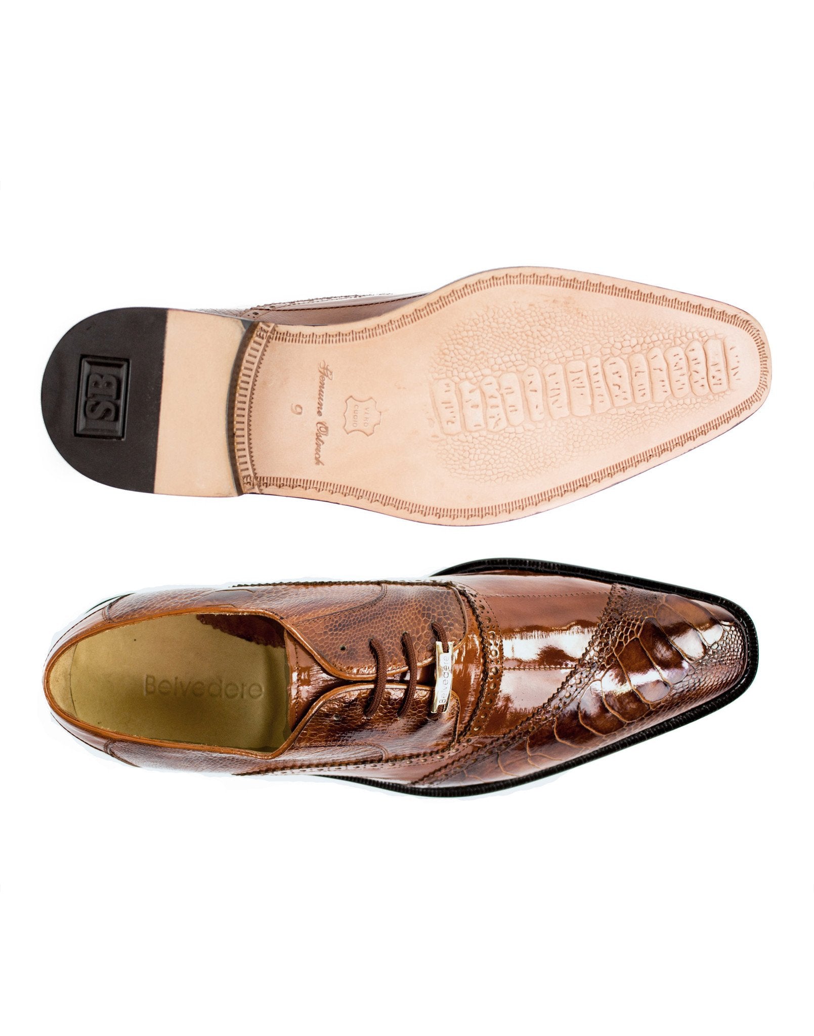 Belvedere Nino Genuine Ostrich Leg & Eel Leather Dress Shoes - Antique Camel Color 0B4 | Premium Men's Formal Footwear for Business & Special Occasions