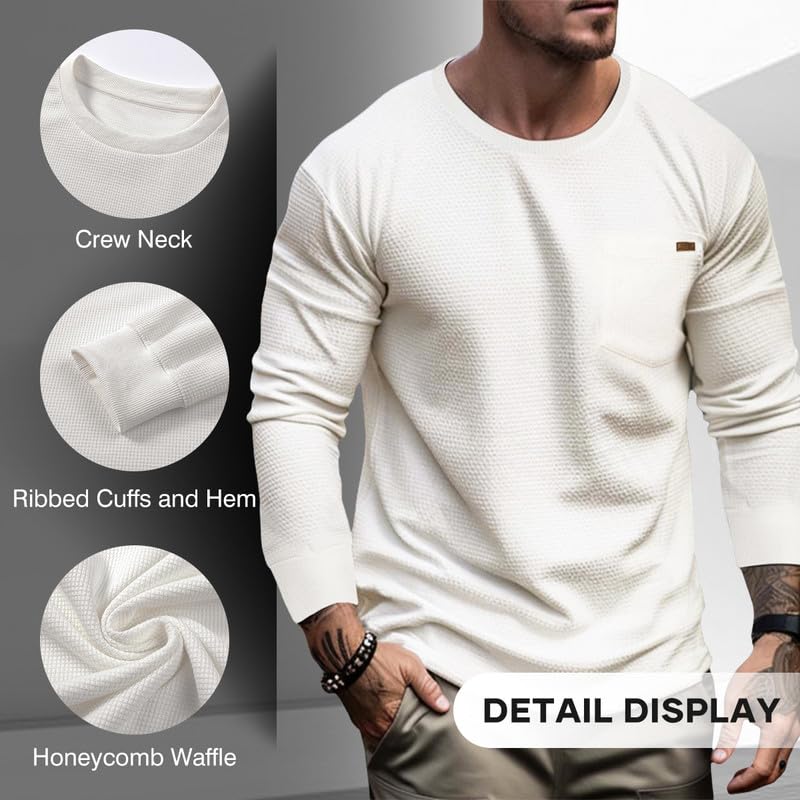 Men's Long Sleeve Crewneck Sweater - Lightweight Honeycomb Waffle Knit Casual Shirt with Pocket | Solid Color Pullover for Fall & Winter Layering | Office, Date Night & Weekend Outfits