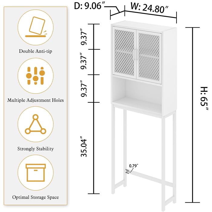 Over The Toilet Storage Cabinet - Industrial Bathroom Organizer with Rack | Freestanding Space Saving Shelf for Bathroom | White Oak Wood & Metal Design | Perfect for Small Bathrooms, Apartments & Dorm Rooms