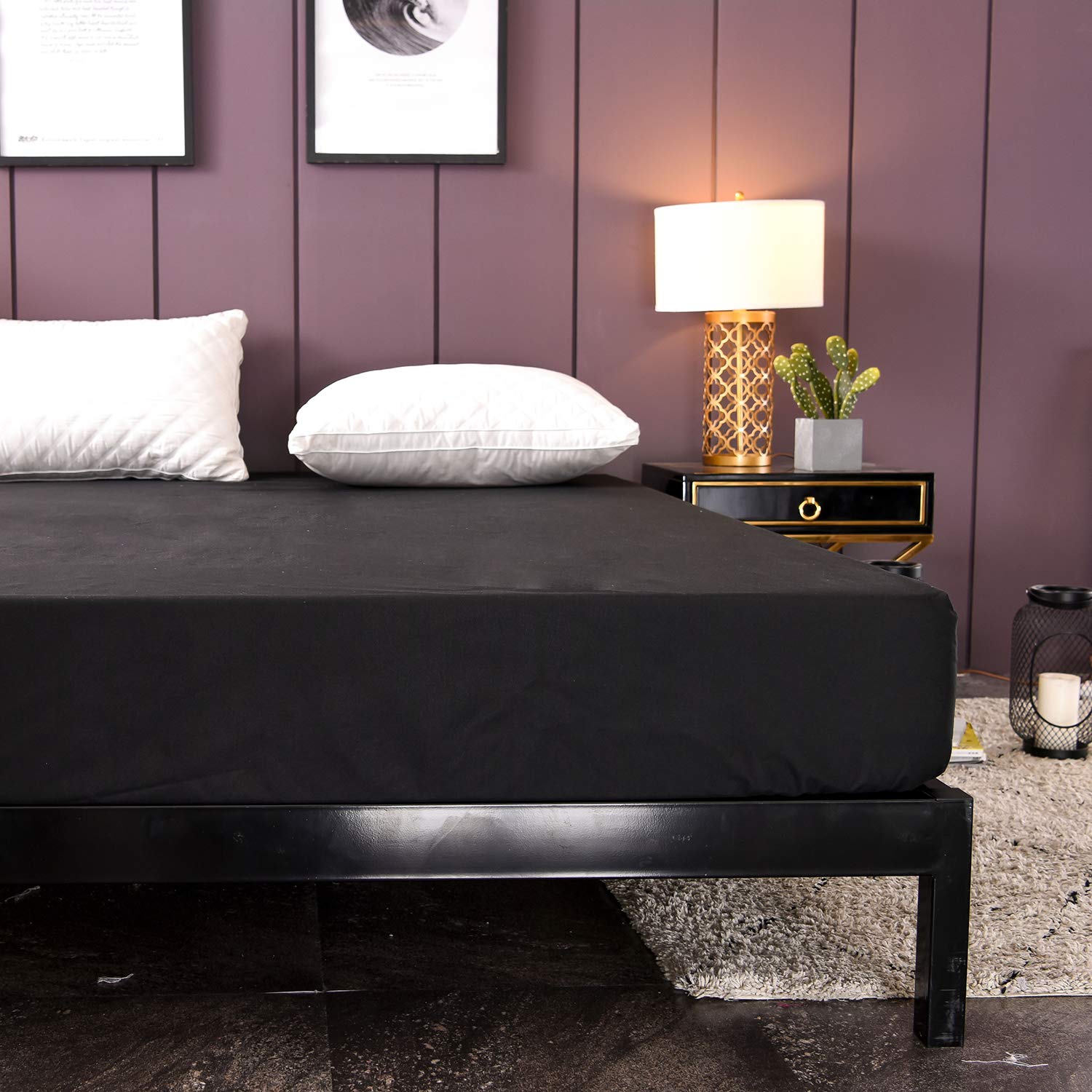 Black Waterproof Fitted Sheet Full Size - Deep Pocket Brushed Microfiber Mattress Protector (54