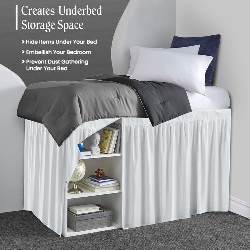 Twin XL Dorm Bed Skirt - 100% Soft Microfiber College Bedding with Ruffled Design (32 Inch, White) - Perfect for Dorm Rooms, Guest Beds & College Dorm Essentials