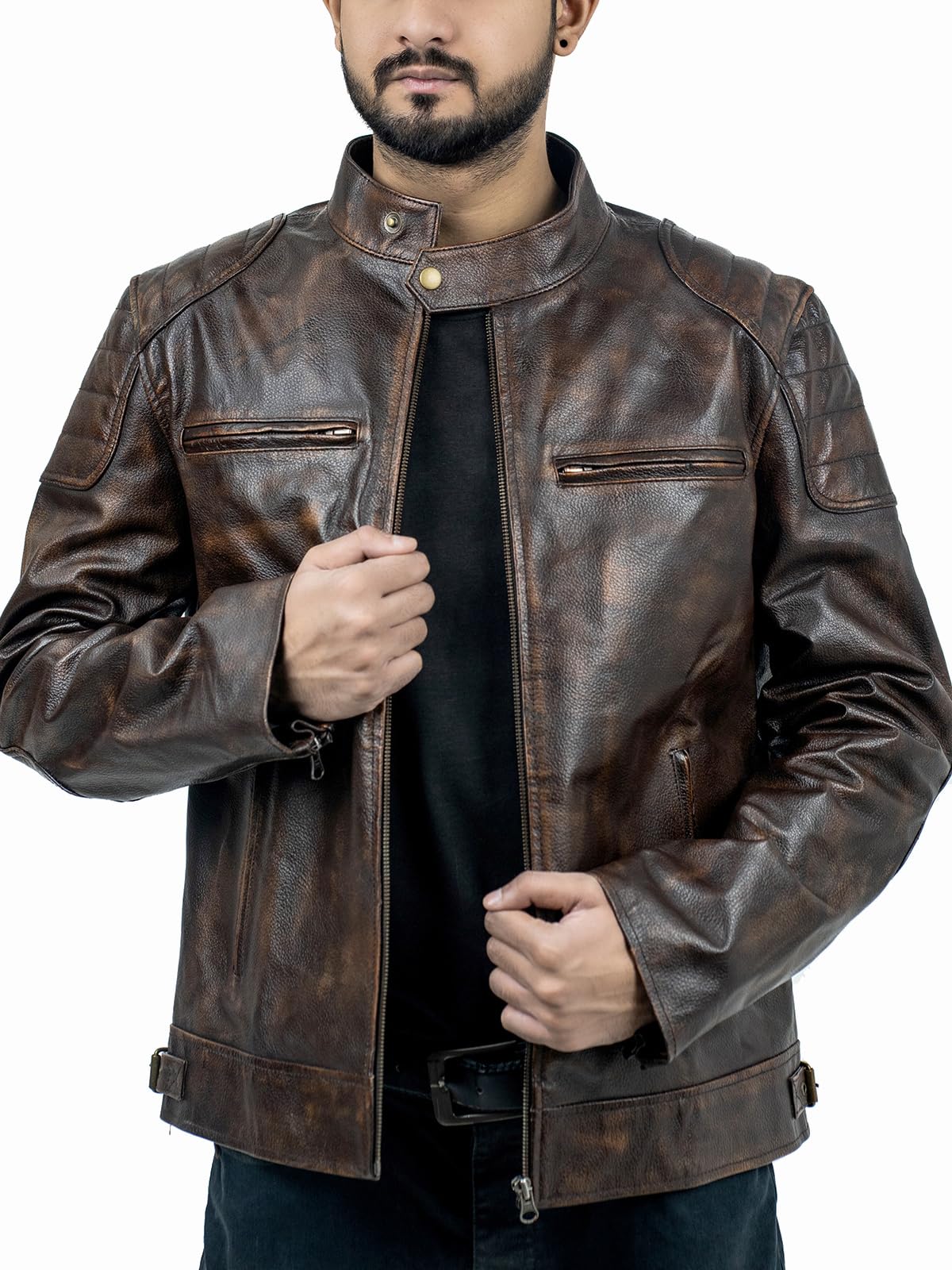 Vintage Distressed Brown Leather Jacket for Men - Genuine Leather Motorcycle Biker Jacket - Perfect for Casual Wear, Motorcycle Riding & Outdoor Adventures