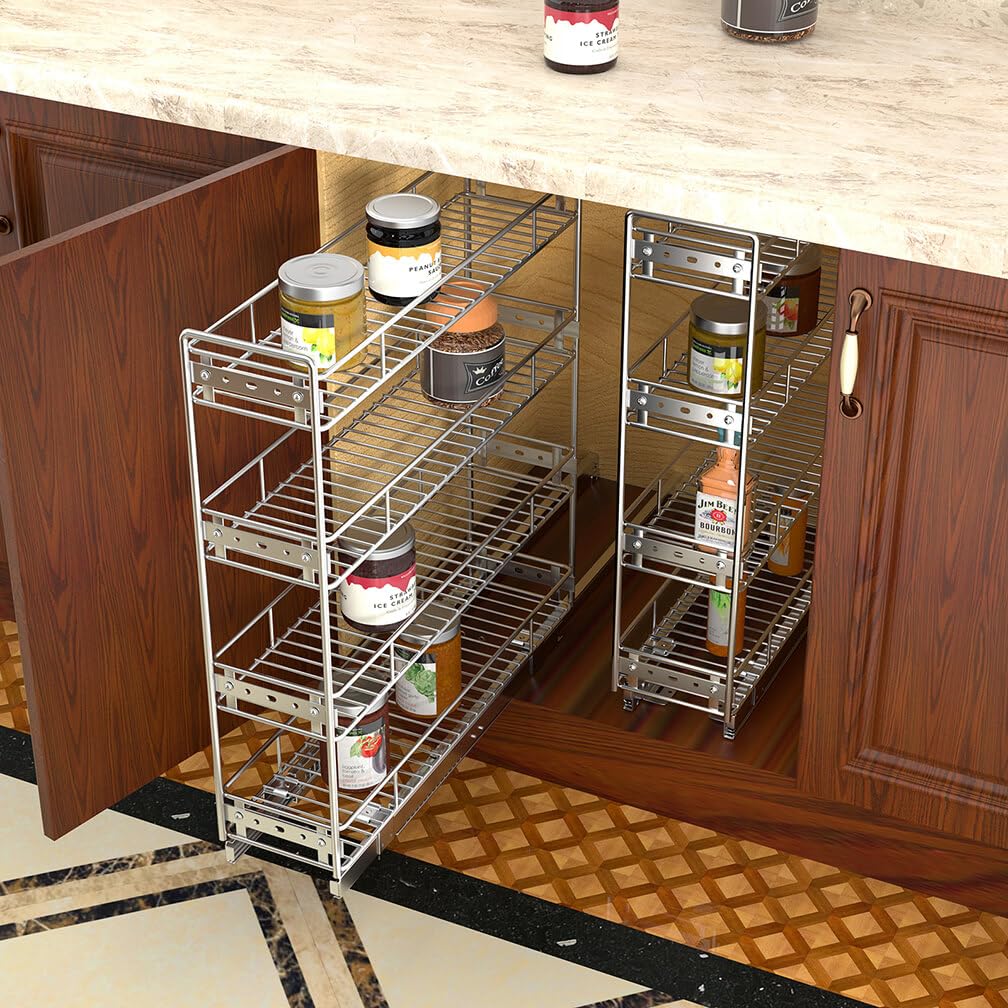 OCG 4-Tier Pull Out Kitchen Cabinet Spice Rack Organizer - Slim Slide Out Wire Basket Shelves (5