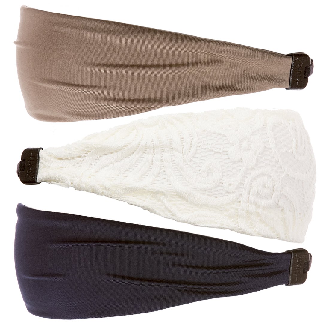 Hipsy Adjustable & Stretchy Lace Xflex Wide Headbands for Women, Girls & Teens - 3 Pack (Ivory, Navy, Taupe) - Perfect for Sports, Workouts, Yoga, and Everyday Fashion Accessories