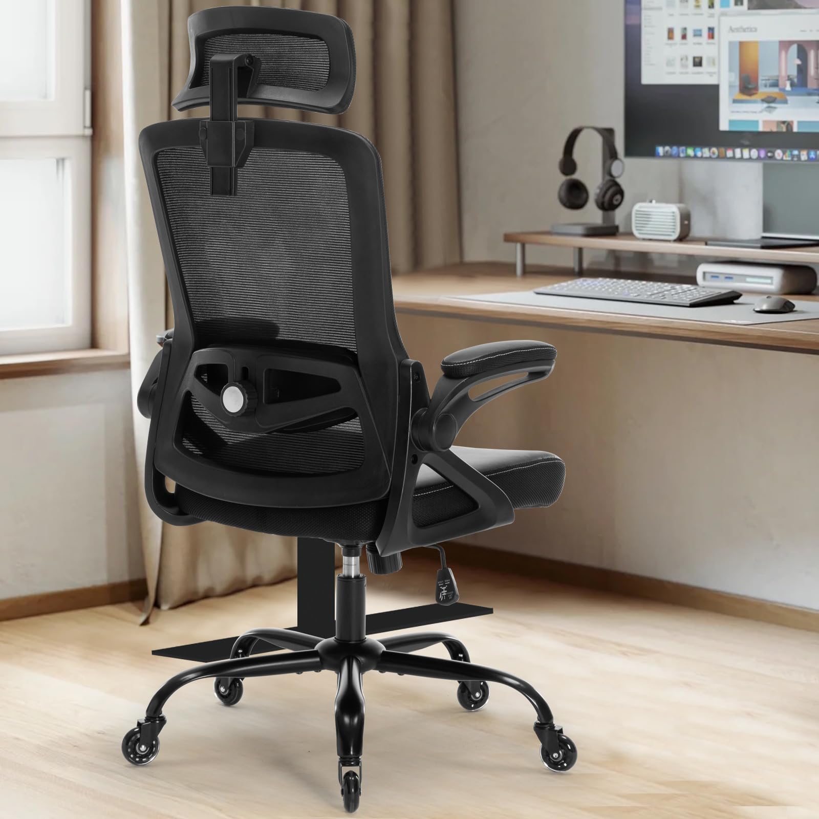 Ergonomic Office Chair with Adjustable Lumbar Support - High Back Mesh Desk Chair with Blade Wheels for Home Office - Perfect for Long Hours of Comfortable Work and Video Conferencing