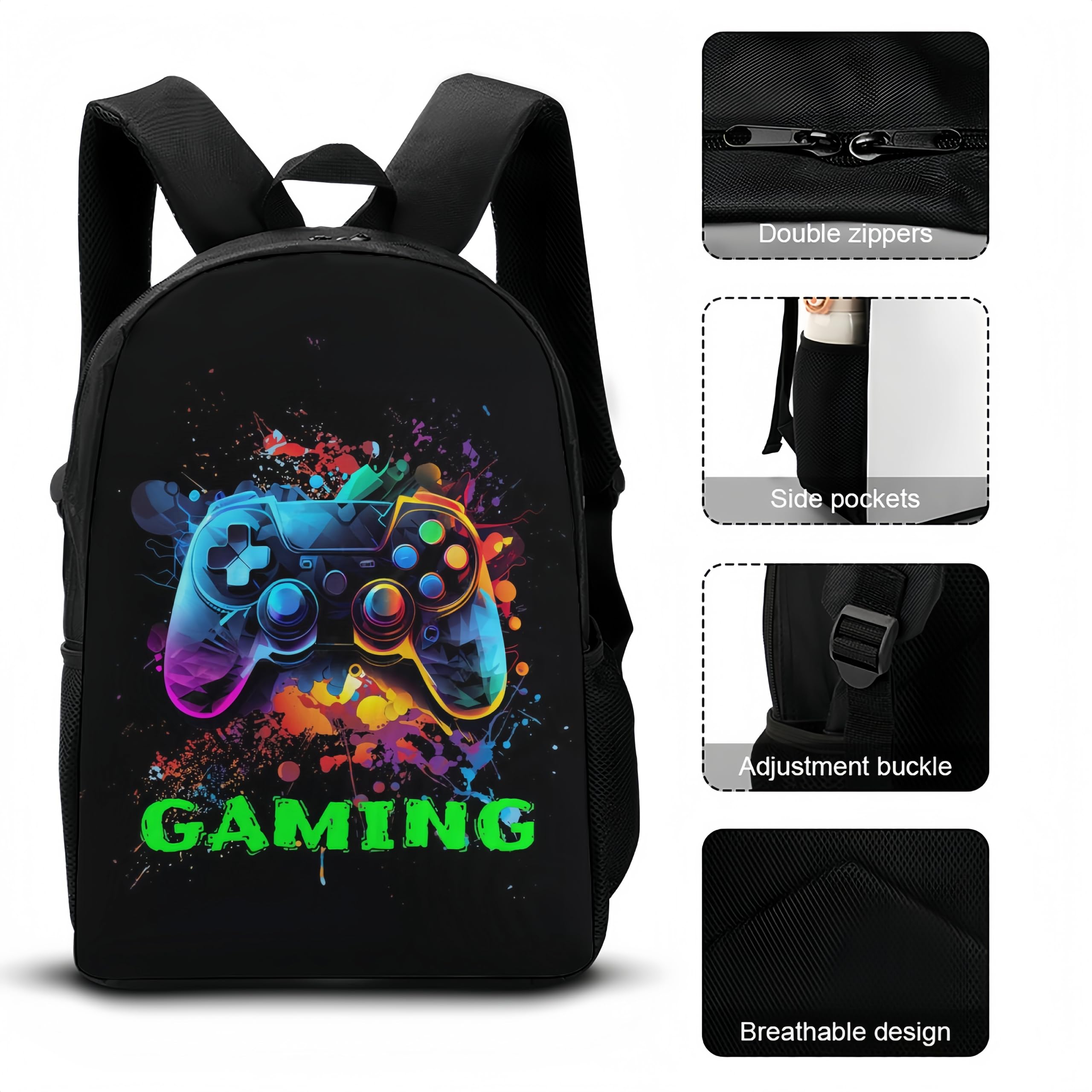 3-Piece Kids Backpack Set for School & Travel - Includes Backpack, Lunch Box & Pencil Case (Gaming Design) - Perfect for Elementary Students, Day Trips & Outdoor Adventures