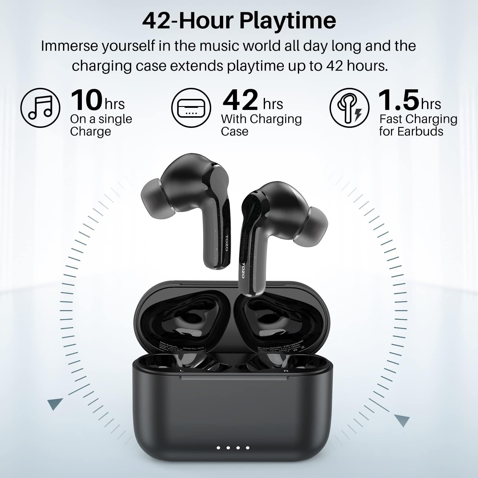 TOZO NC2 Hybrid Active Noise Cancelling Wireless Earbuds - Bluetooth 5.3 IPX6 Waterproof Headphones with Deep Bass & In-Ear Detection | Perfect for Gym, Running, Travel & Work (Matte Black)