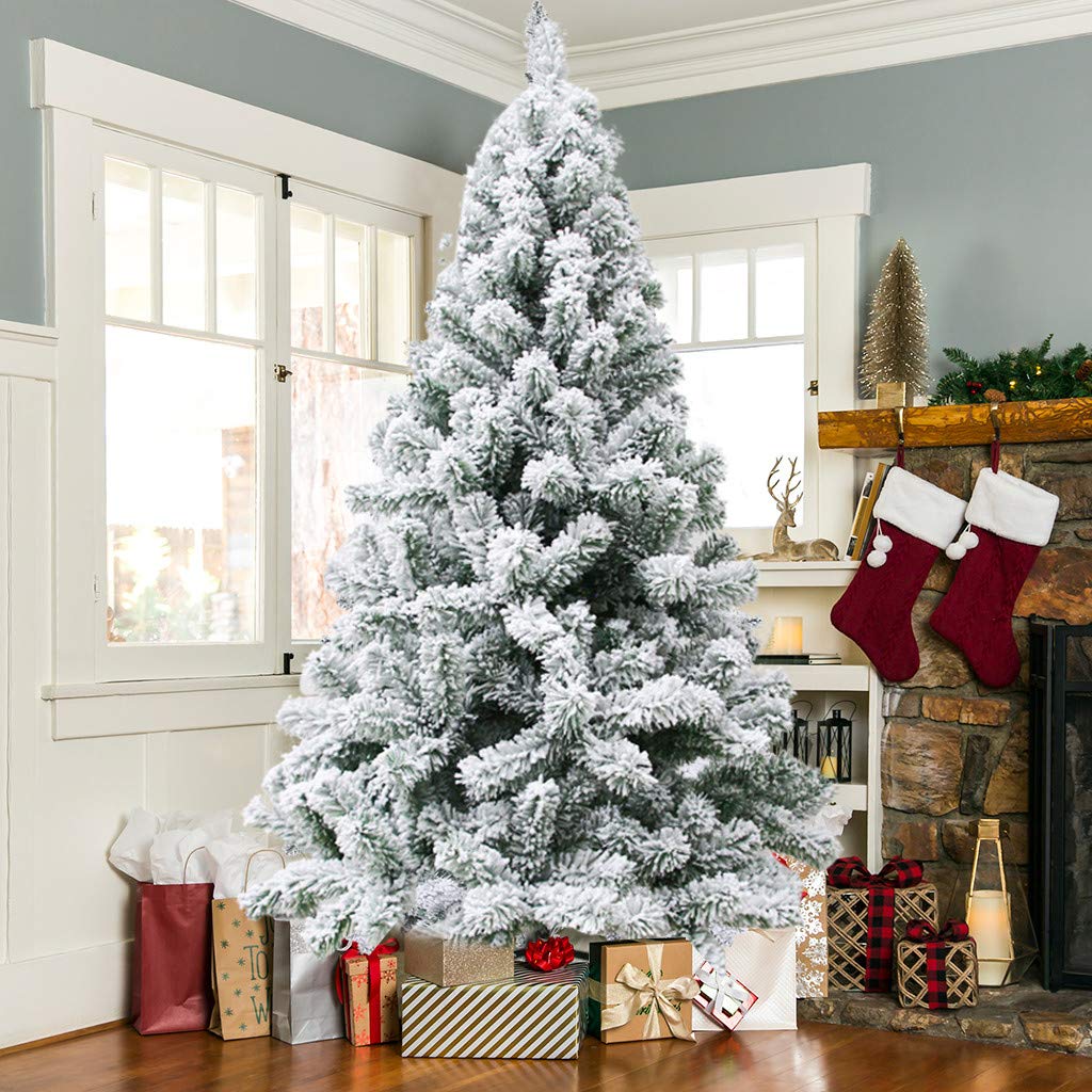 7.5FT Flocked Artificial Christmas Tree with Pine Cones & Red Berries - 638 Tips Foldable Xmas Tree with Metal Stand | Perfect for Living Room, Office & Holiday Decorations (White)