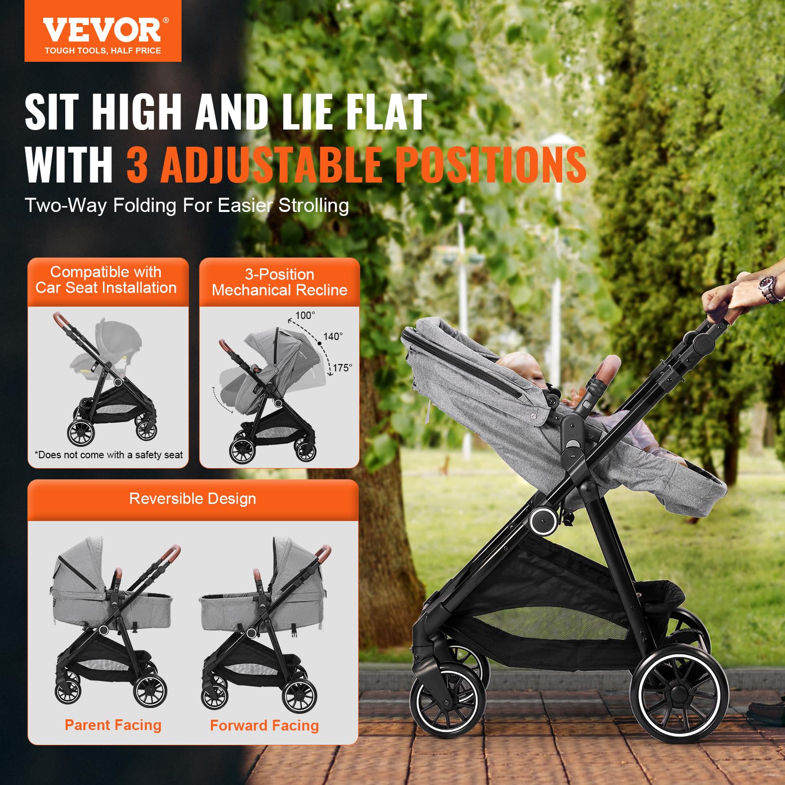 VEVOR 3-in-1 Baby Stroller with Bassinet | Adjustable Reversible Seat & Foldable Design | Carbon Steel Frame with Leg Cover & Mesh Net | Perfect for Newborns to Toddlers | Ideal for Shopping, Travel & Daily Walks (Dark Grey)