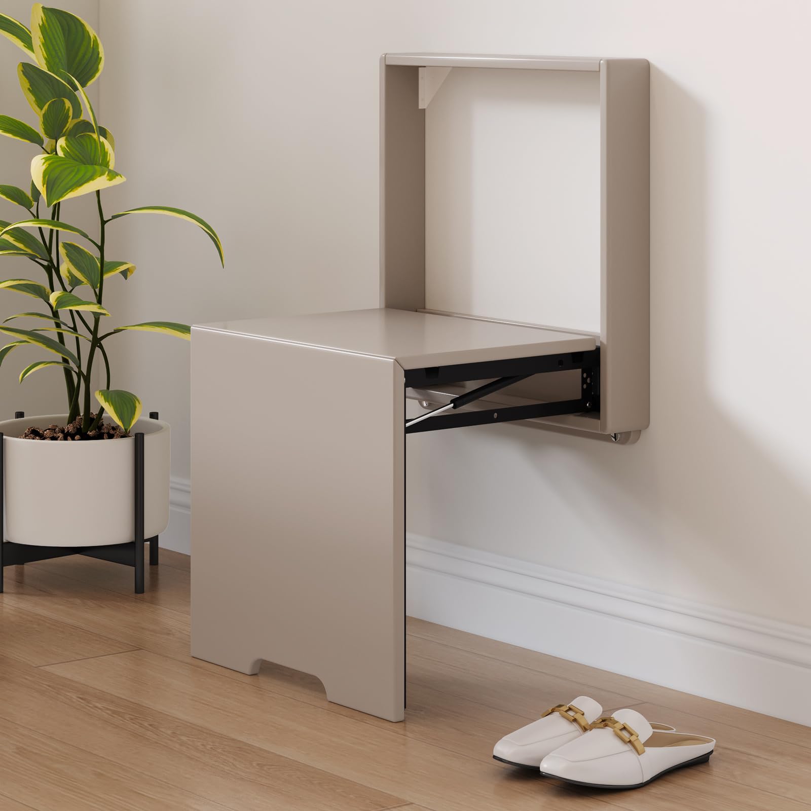 Space Saving Wall Mounted Shoe Changing Stool - Foldable Entryway Stool Chair in Tea Grey | Perfect for Small Hallways, Mudrooms & Closet Organization