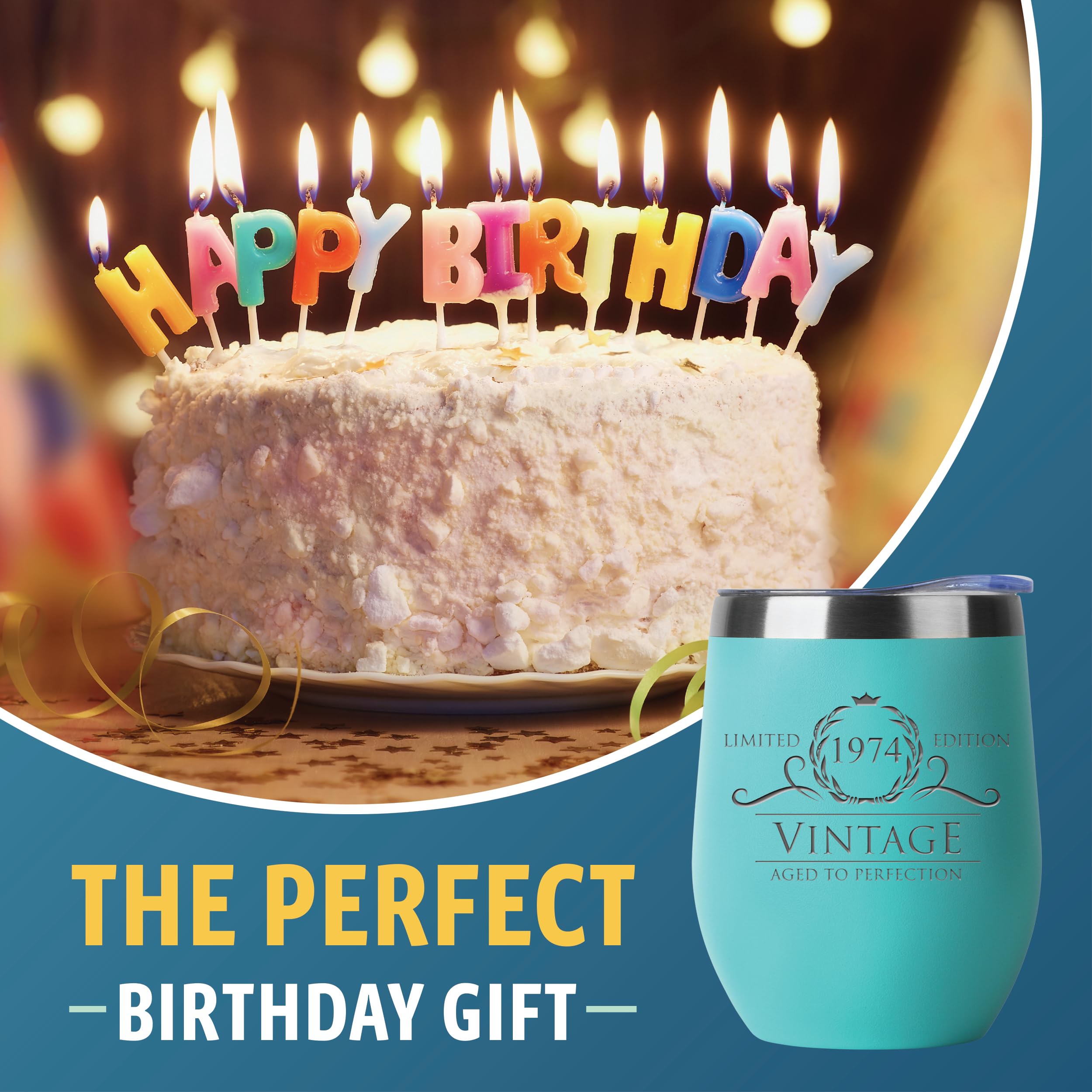 Vintage 1975 Stemless Wine Tumblers - 12oz Mint Birthday Gifts for Women Turning 50, Perfect for Wife, Mom, Sister & Friends | 50th Birthday Party, Anniversary Celebration & Wine Tasting Events