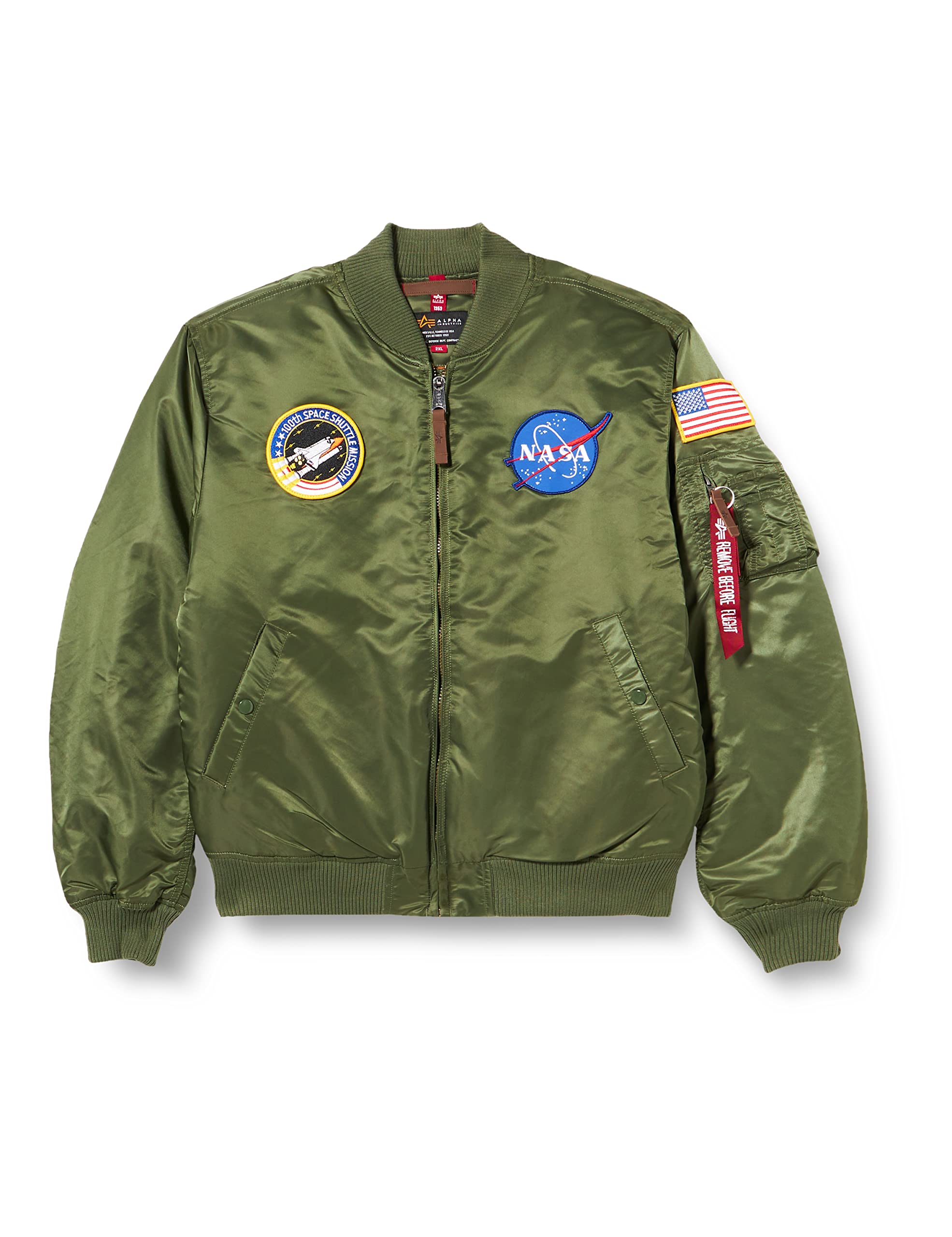 Alpha Industries Men's MA-1 VF NASA Logo Bomber Jacket - Green, Small | Lightweight Flight Jacket for Men | Perfect for Casual Wear, Street Style & Outdoor Adventures