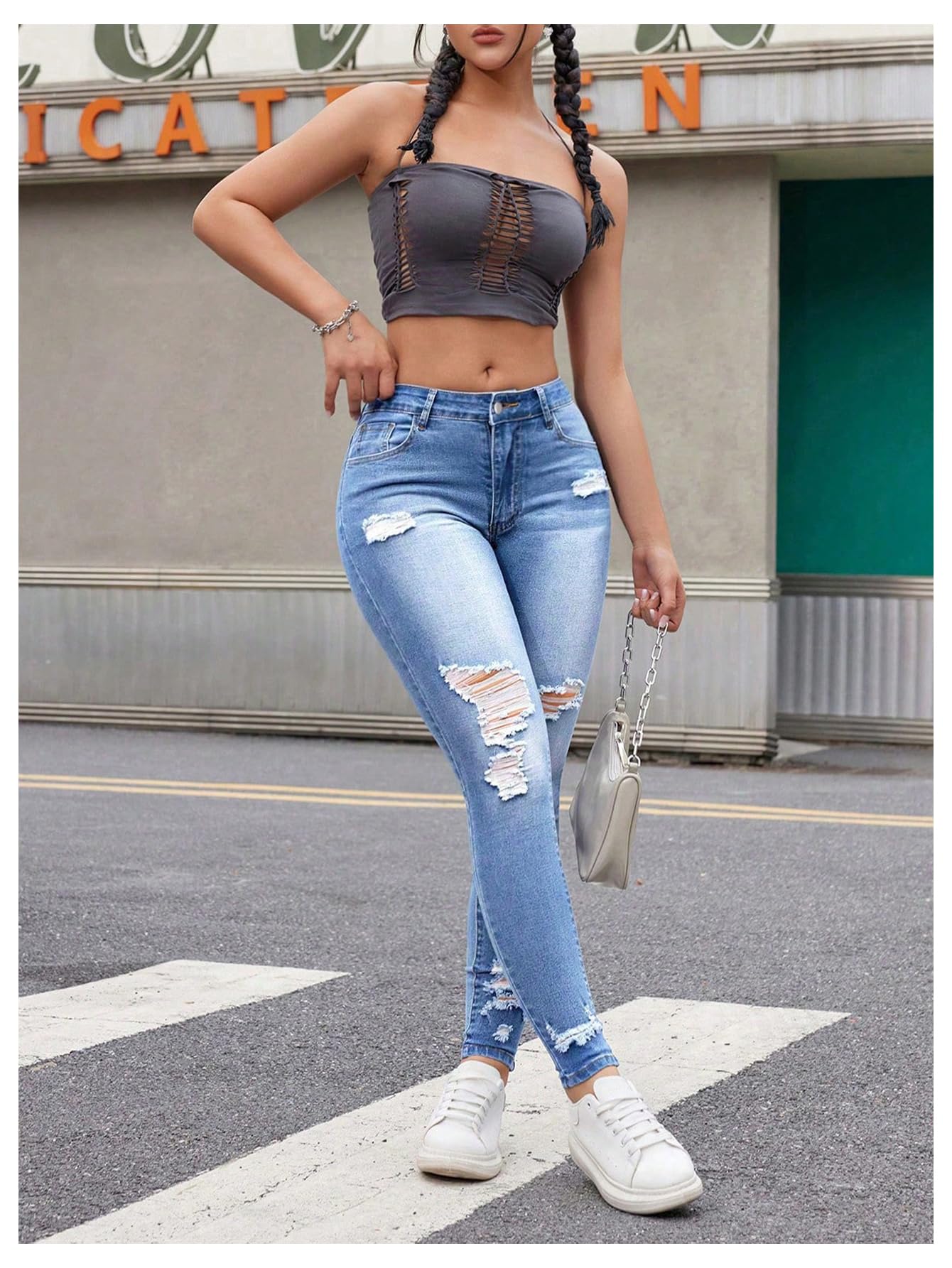 Floerns Women's Distressed Ripped Skinny Jeans - High Waist Stretch Denim Pants with Zipper Fly & Pockets | Trendy Casual Outfit for Streetwear, Dating & Night Out