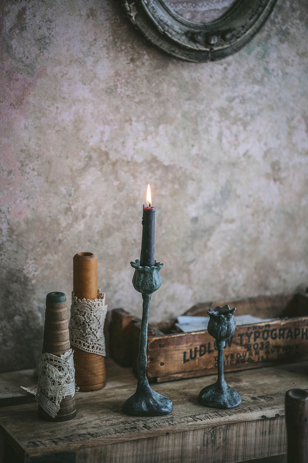 Cast Bronze Poppy Candlestick Holder - Small Vintage Home Decor for Table Centerpiece, Wedding, Dinner Party
