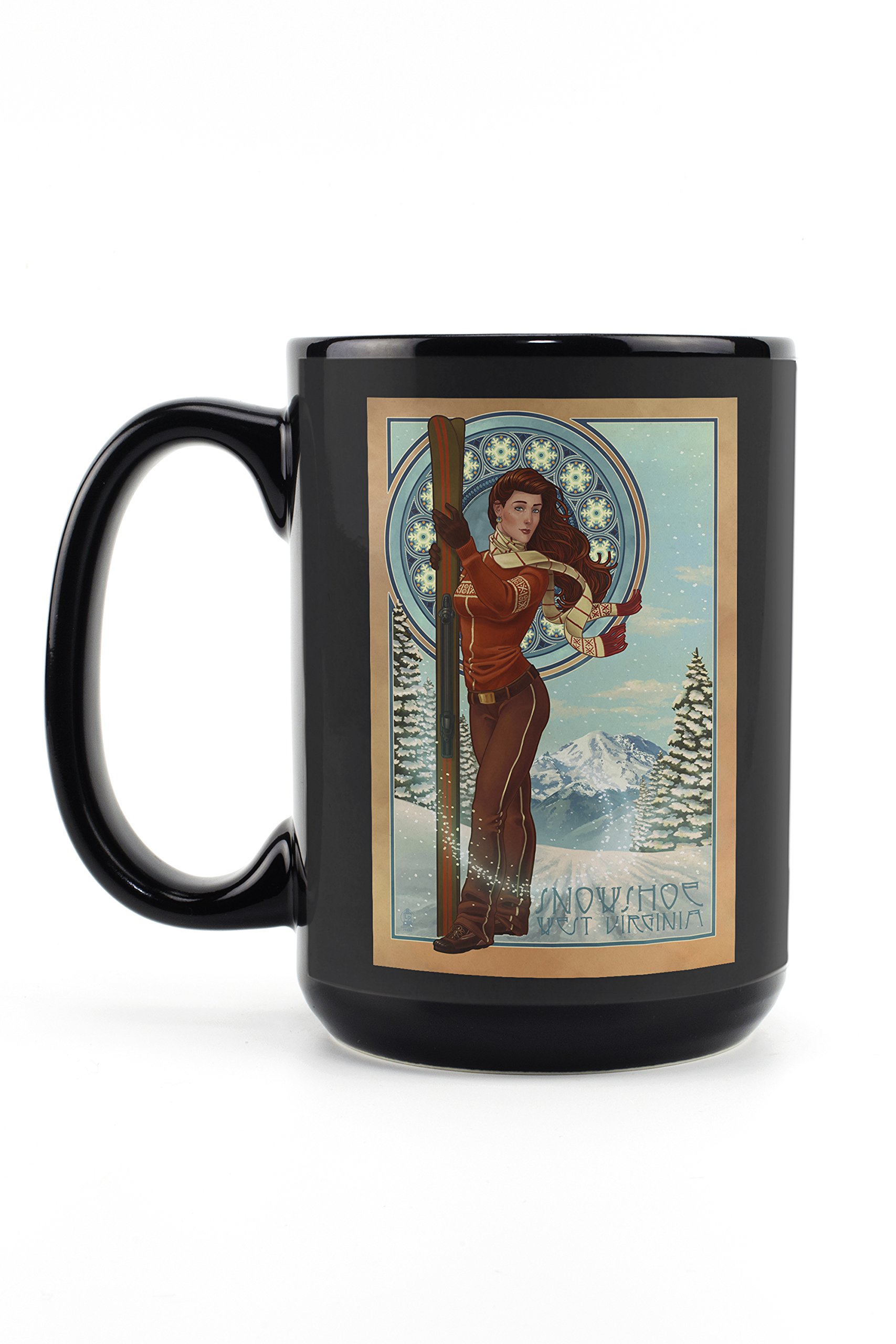 Lantern Press Snowshoe West Virginia Art Nouveau Skier 15oz Black Ceramic Coffee Mug - Microwave & Dishwasher Safe - Perfect for Hot Tea, Office Use & Gift Giving