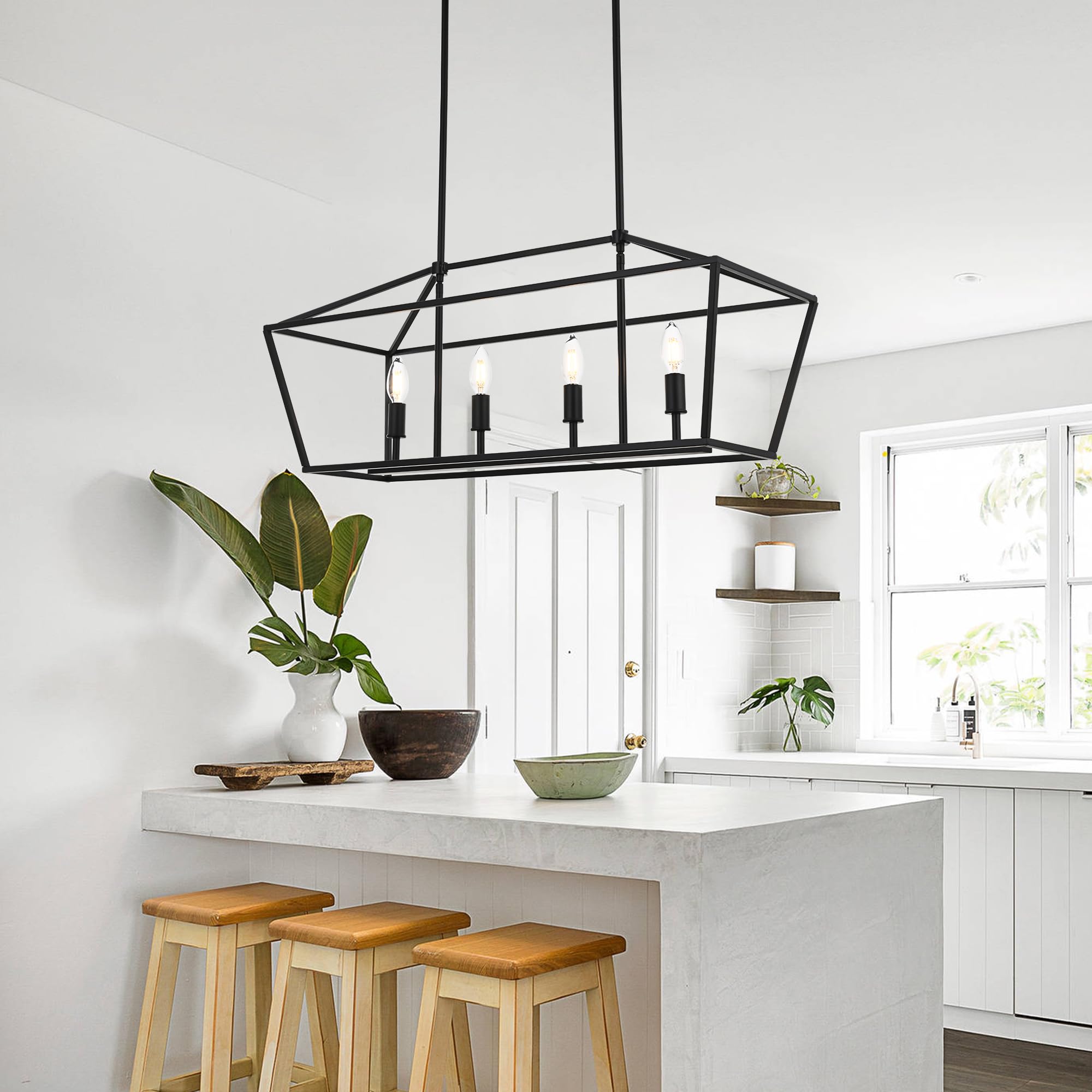 4-Light Modern Black Chandelier - Hanging Ceiling Light Fixture for Dining Room, Bedroom & Kitchen Island - Elegant Pendant Lighting for Home Decor