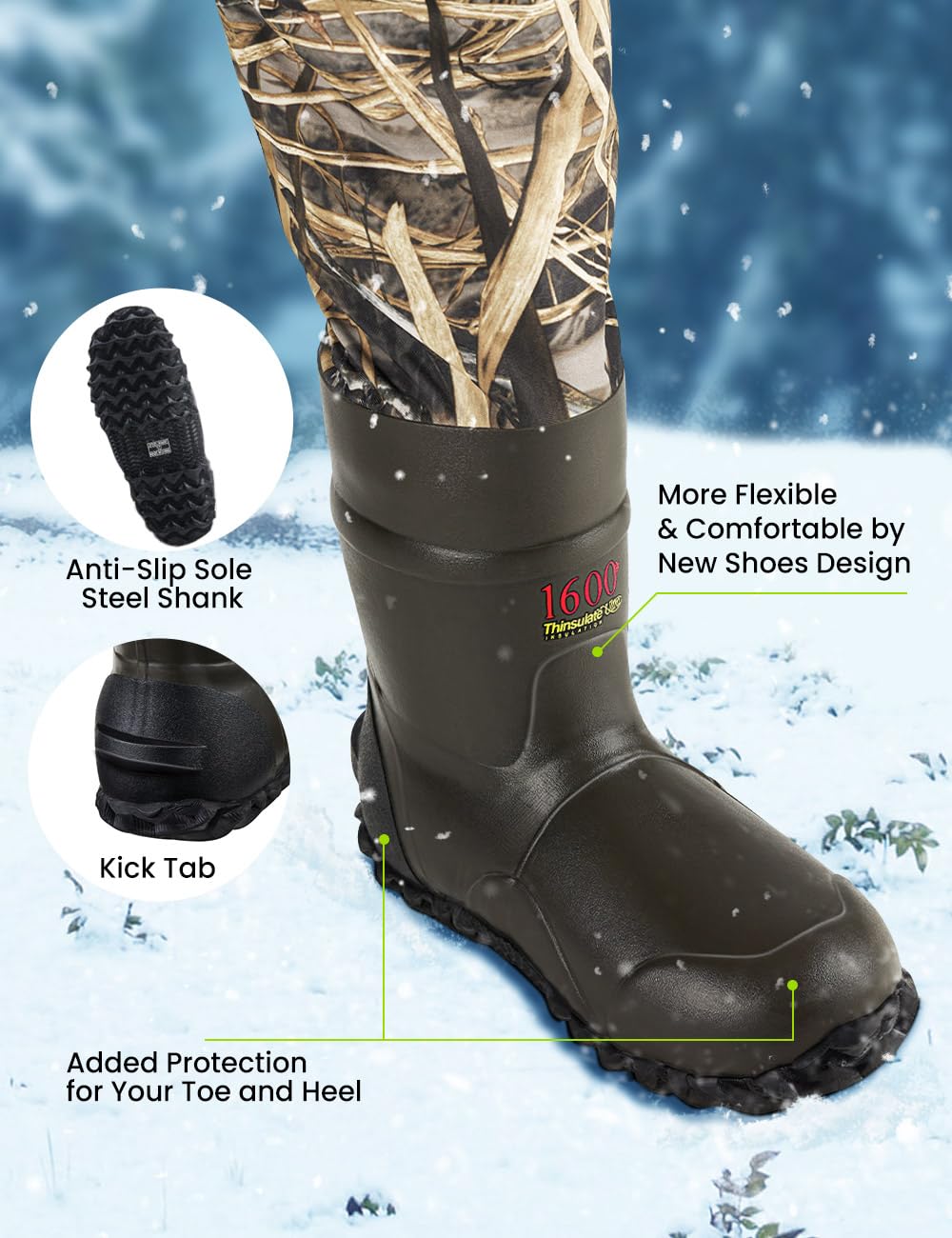 TIDEWE Breathable Chest Wader - 1600G Insulated Waterproof Hunting Waders with Steel Shank Boots & 200G Thermal Liner for Fly Fishing, Duck Hunting, and Outdoor Adventures