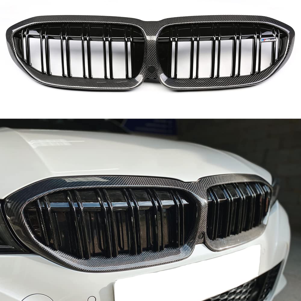 Carbon Fiber Front Hood Bumper with Double Slats Grill Compatible with 2019-2022 BMW 3-Series G20 G21 - Upgrade Your Car's Style & Performance for Street Racing & Show Car Events