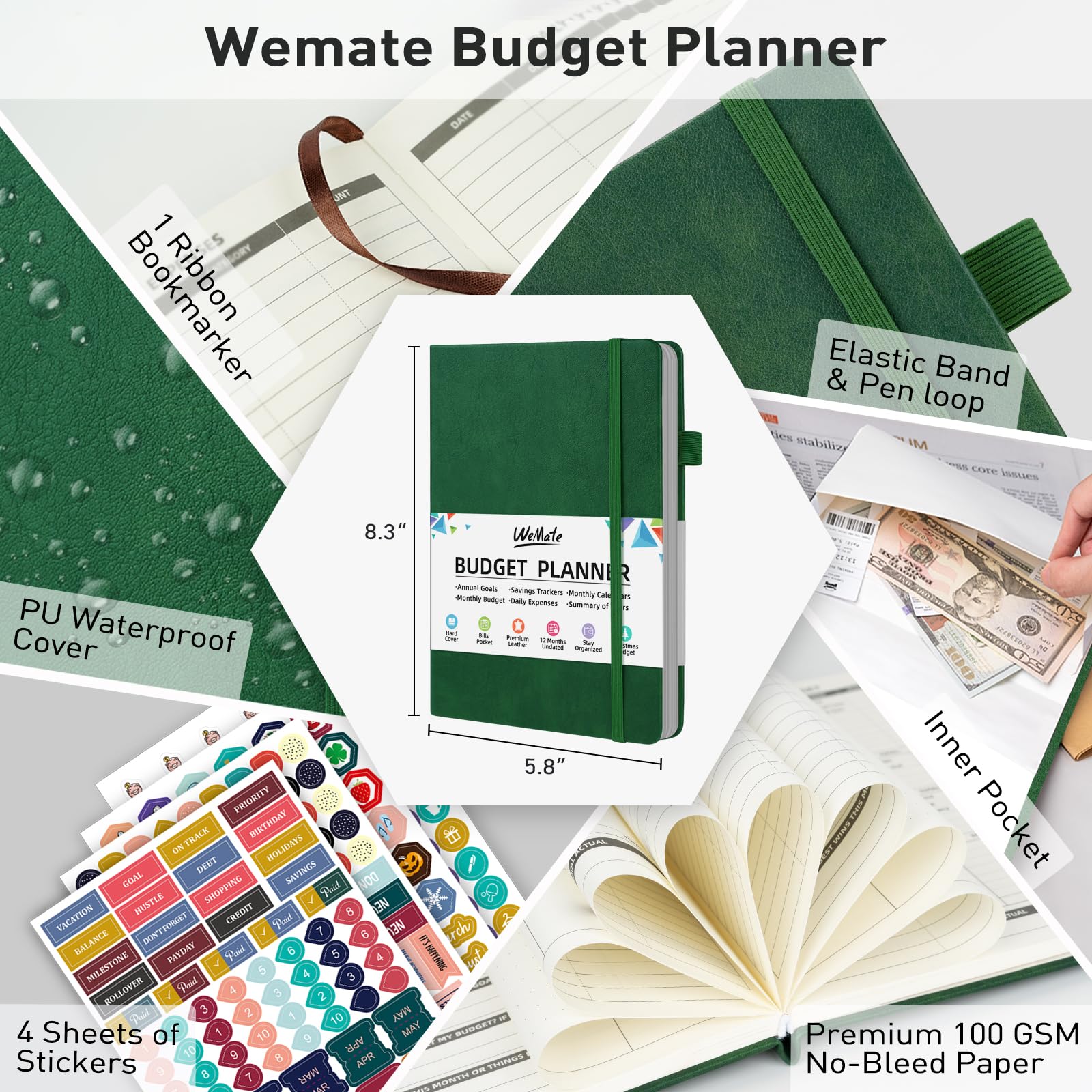 WEMATE Budget Planner 2025 - Undated Monthly Financial Organizer with Expense Tracker | 12-Month Money Management Notebook | A5 Bill Planner & Account Book (Dark Green) | Perfect for Personal Finance, Debt Payoff & Savings Goals