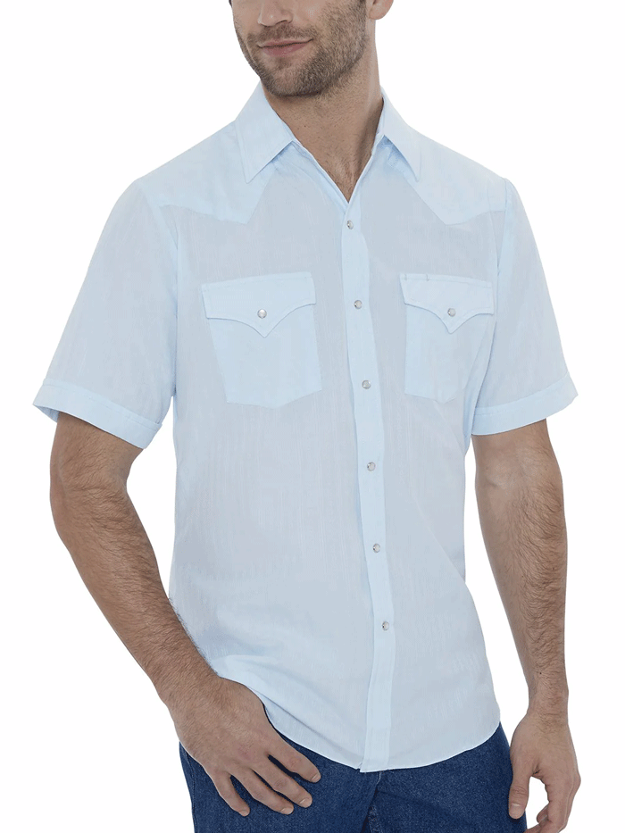 Ely Cattleman Men's Western Shirt Short Sleeve Tone On Tone Tonal Blue - Casual Cowboy Style Shirt for Rodeo, Country Music Festivals & Western Fashion