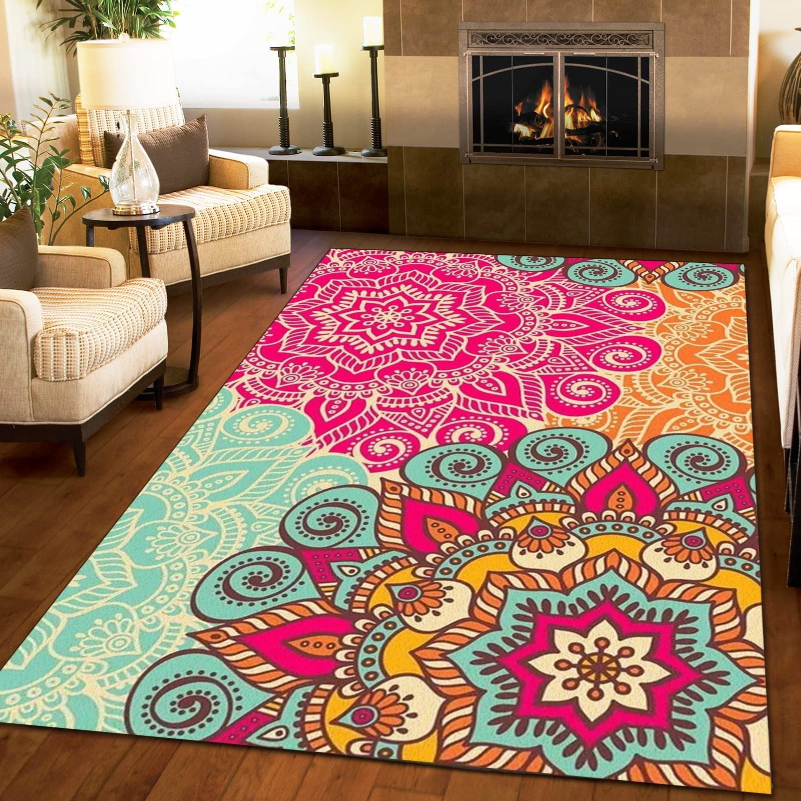 Bohemian Mandala Flower Area Rug - Colorful Non-Slip Washable Rug for Living Room, Bedroom & Kitchen | Easy Clean Decorative Home Carpet 6.6x5.3ft | Perfect for Yoga Space, Meditation Corner & Boho Chic Decor