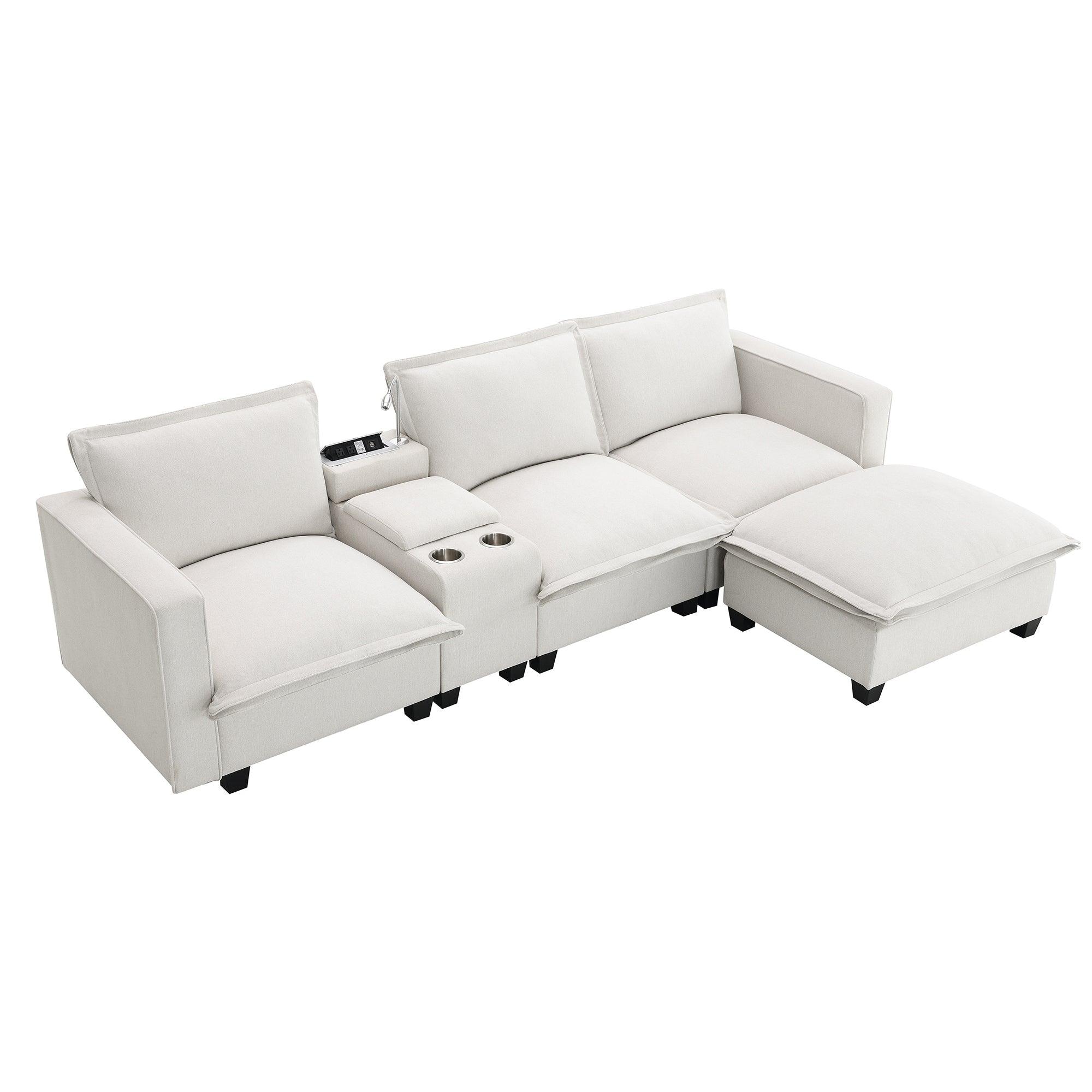 Modern 4-Seat Chenille Modular Sectional Sofa with Console, USB Charging Port, Reading Light & Cup Holders - Cloud Couch for Living Room, Apartment (2 Colors) | Perfect for Family Gatherings, Movie Nights & Small Space Living