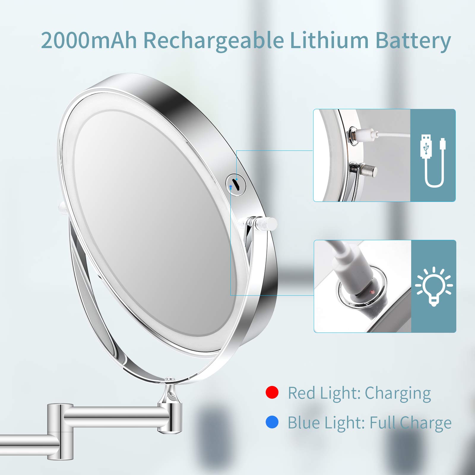 ALVOROG 8 Inch Rechargeable Wall Mounted LED Makeup Mirror - 3 Color Lighting, 1X/5X Magnifying, 360° Rotation, Smart Dimming & Auto Shutoff - Perfect for Bathroom Vanity, Dressing Room & Bedroom Makeup Station