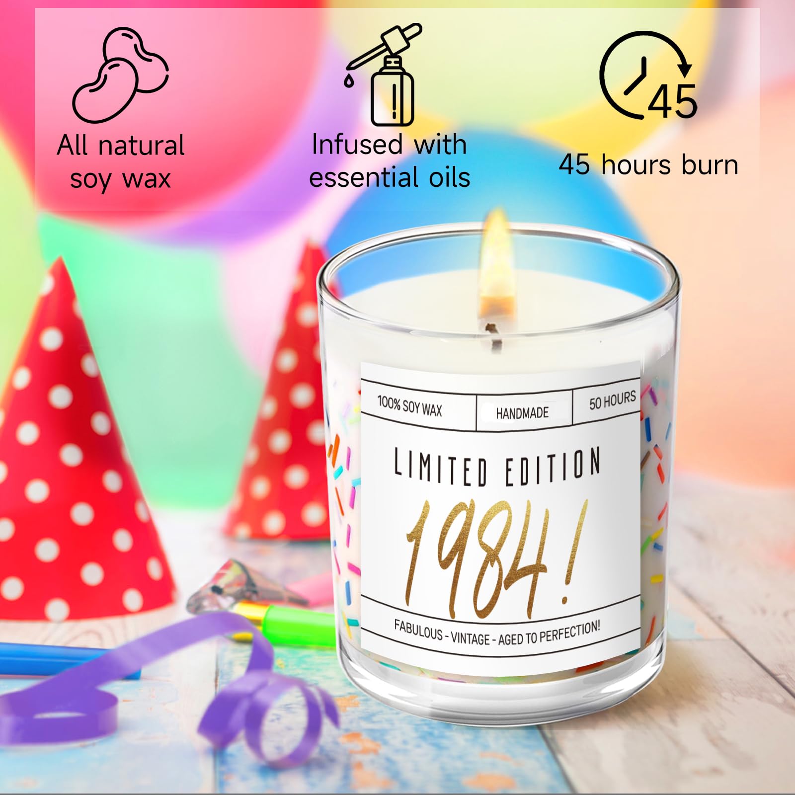 Unique 40th Birthday Gift Candle with Sprinkles - 7oz Limited Edition 1984 for Women & Men - Perfect for Sister, Friend, Mom, Dad, Wife, Husband & Coworker - Great for Birthday Parties, Home Decor & Relaxation