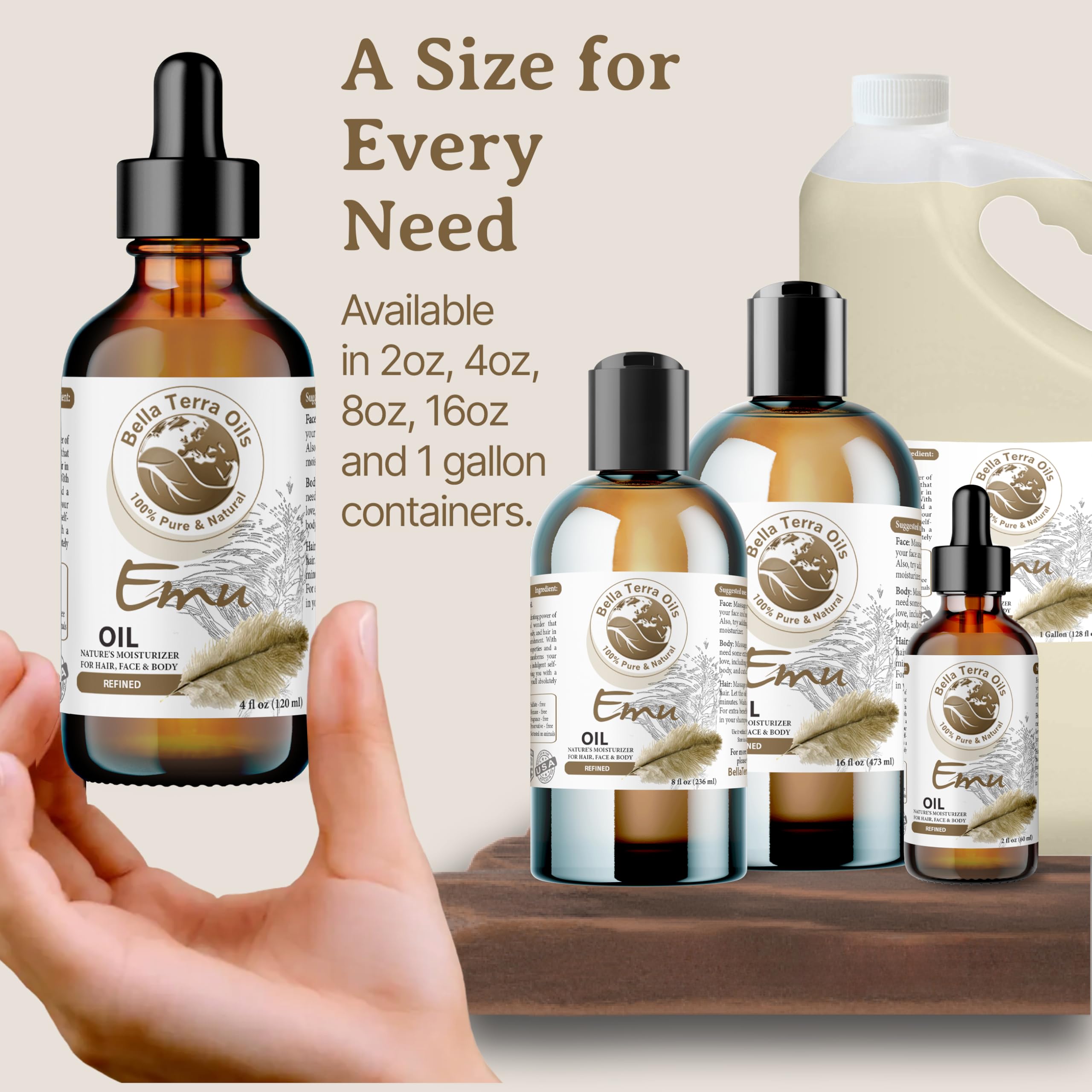 Pure Emu Oil by Bella Terra - 1 Gallon for Deep Skin Hydration & Smoothness | Lightweight, Non-Greasy Formula | Perfect for Dry Skin Care, Massage Therapy & Natural Beauty Regimens