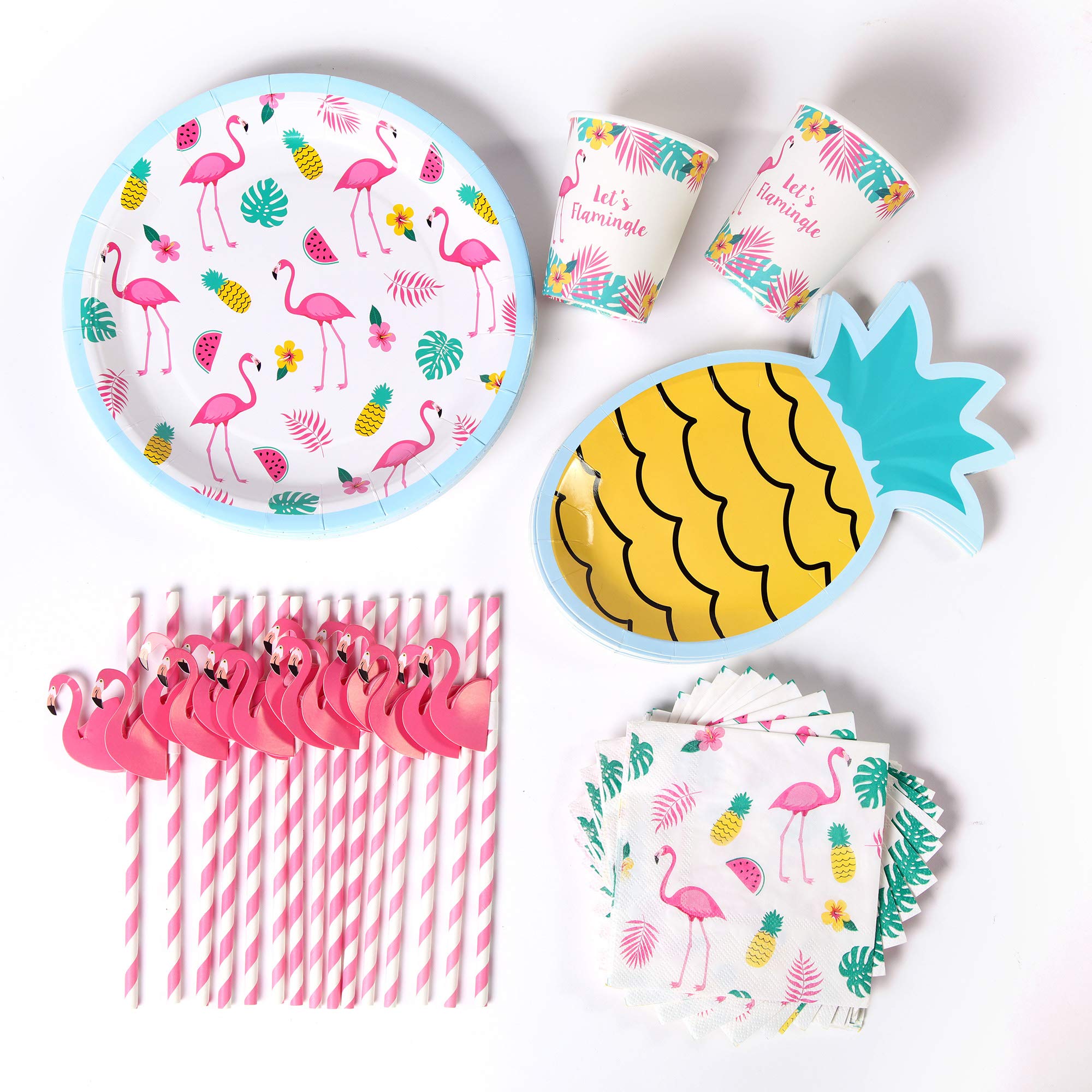 Pink Flamingo Party Supplies Kit - 16 Flamingo Plates, Pineapple Plates, Napkins & Straws - Tropical Bachelorette Party Decorations - Perfect for Pool Parties, Bridal Showers & Summer Celebrations