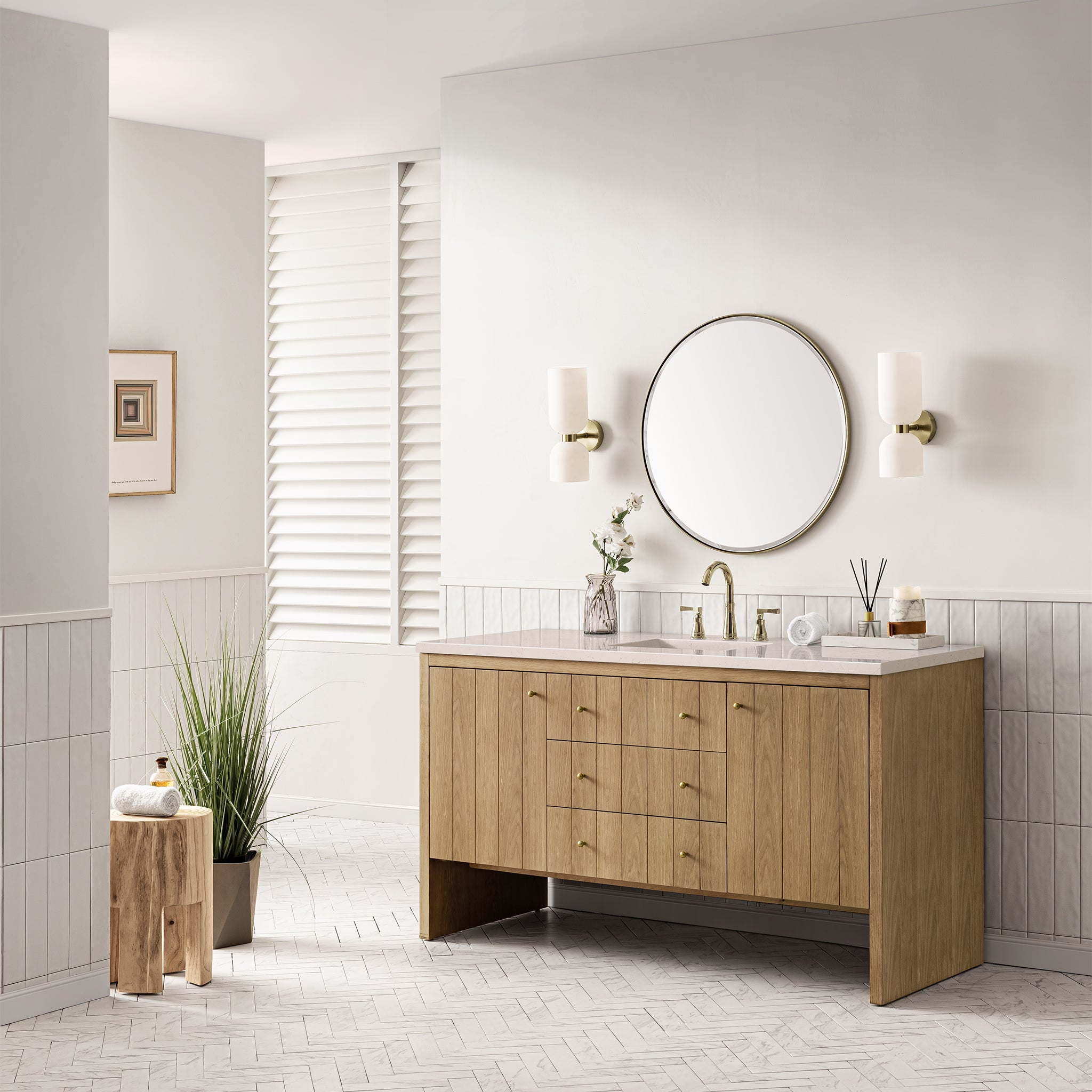Hudson 60 Inch Single Bathroom Vanity in Light Natural Oak with 3CM Eternal Marfil Stone Top - Perfect for Modern Master Bathrooms & Powder Rooms